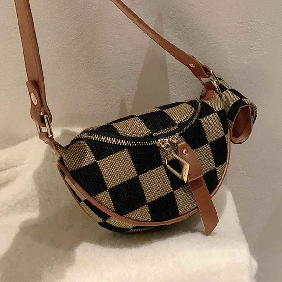 Checkerboard Canvas Crossbody Bag - 2-in-1 Compact Chest Bag & Fanny Pack with Earphone Storage