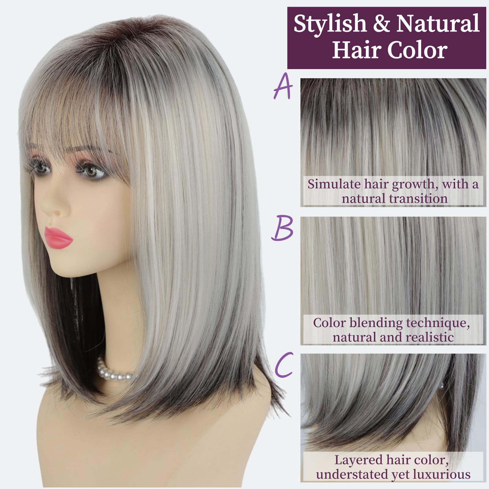 RENERSHOW Ombre Blonde Highlight Layered Bob Wig with Bangs for White Women
