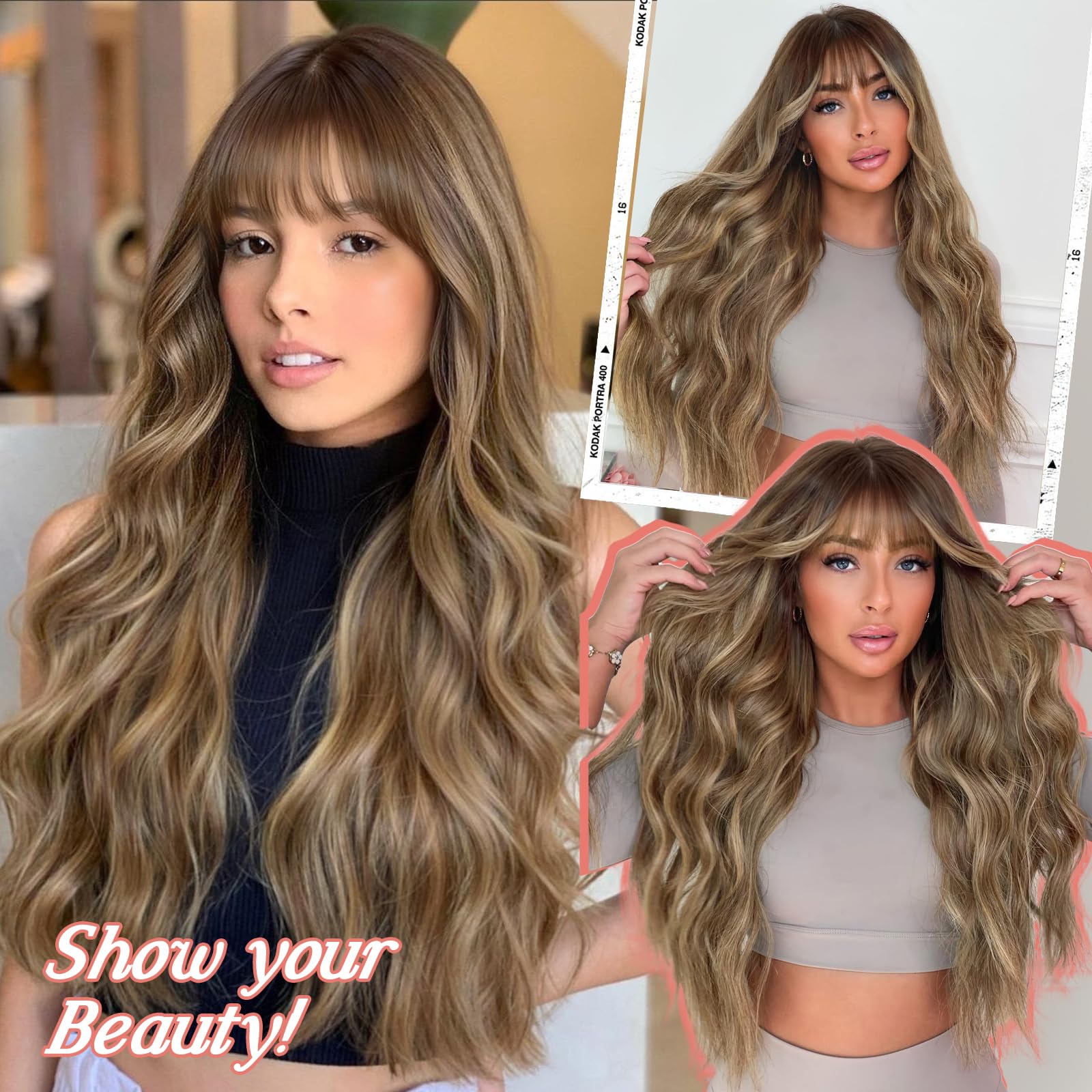 Lativ Ombre Blonde Brown Wig with Bangs Long Wavy Curly Wig with Brown End