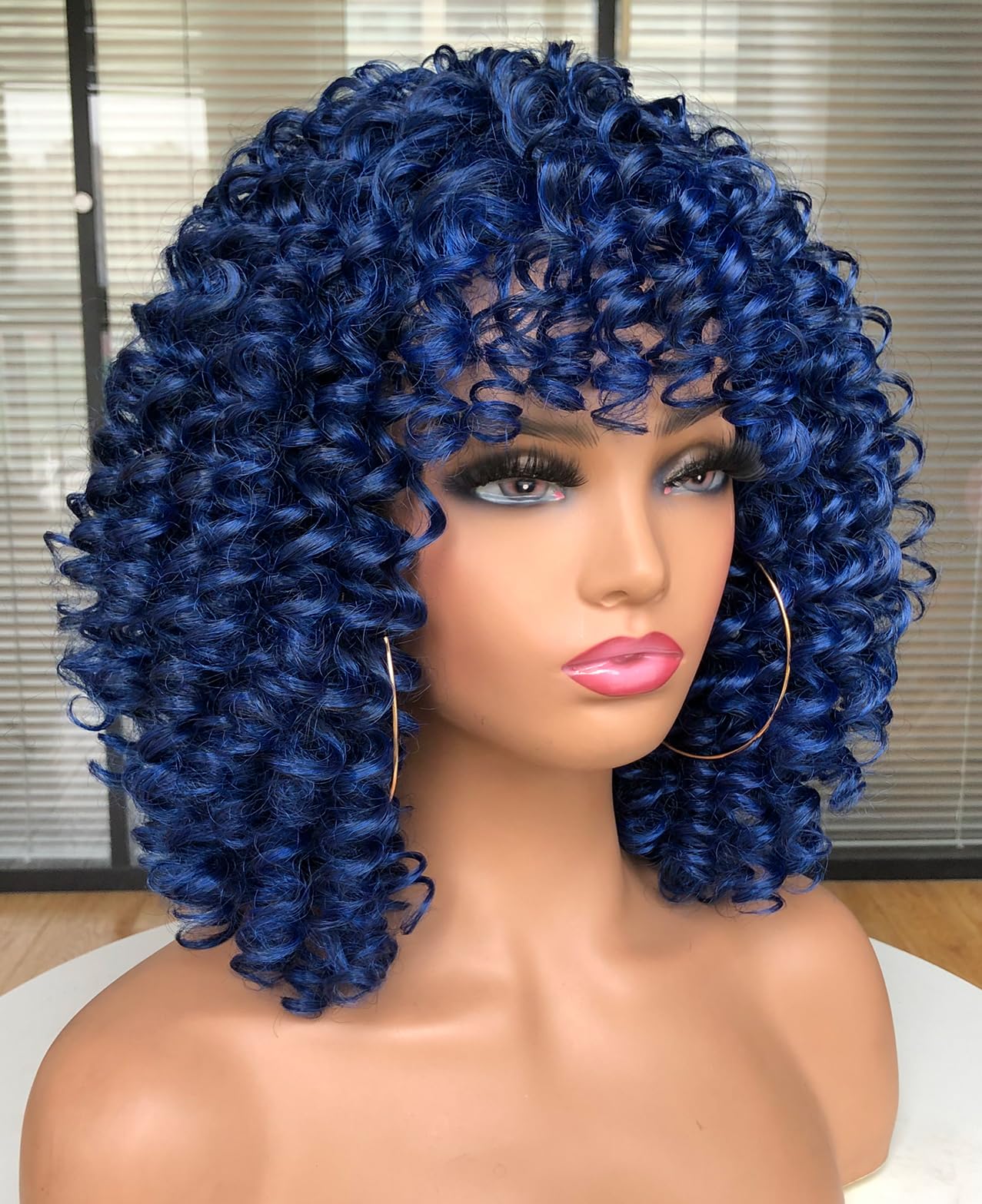 Curly Afro Wigs for Black Women Kinky Curly Wig with Bangs Synthetic Fiber Natural Looking Glueless Hair for Daily Wear