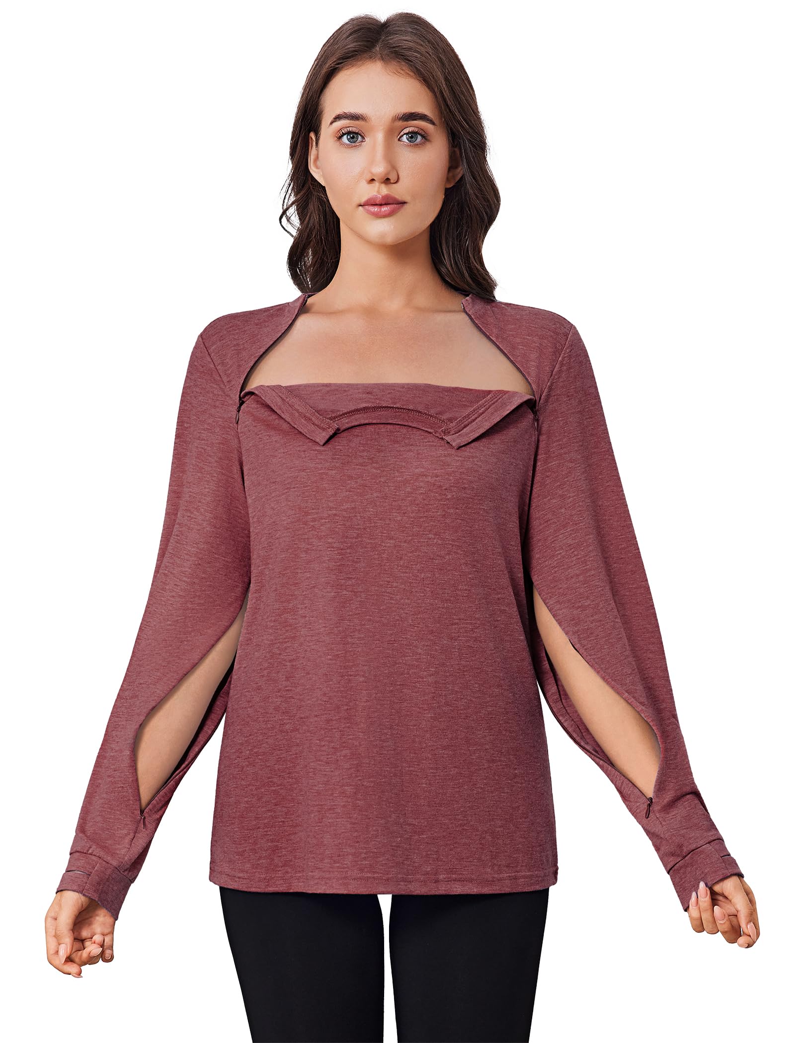 Deyeek Chemo Shirts for Port Access Women Long Sleeve Shoulder Post Surgery Shirt Dialysis Sweatshirts with Arm Zipper