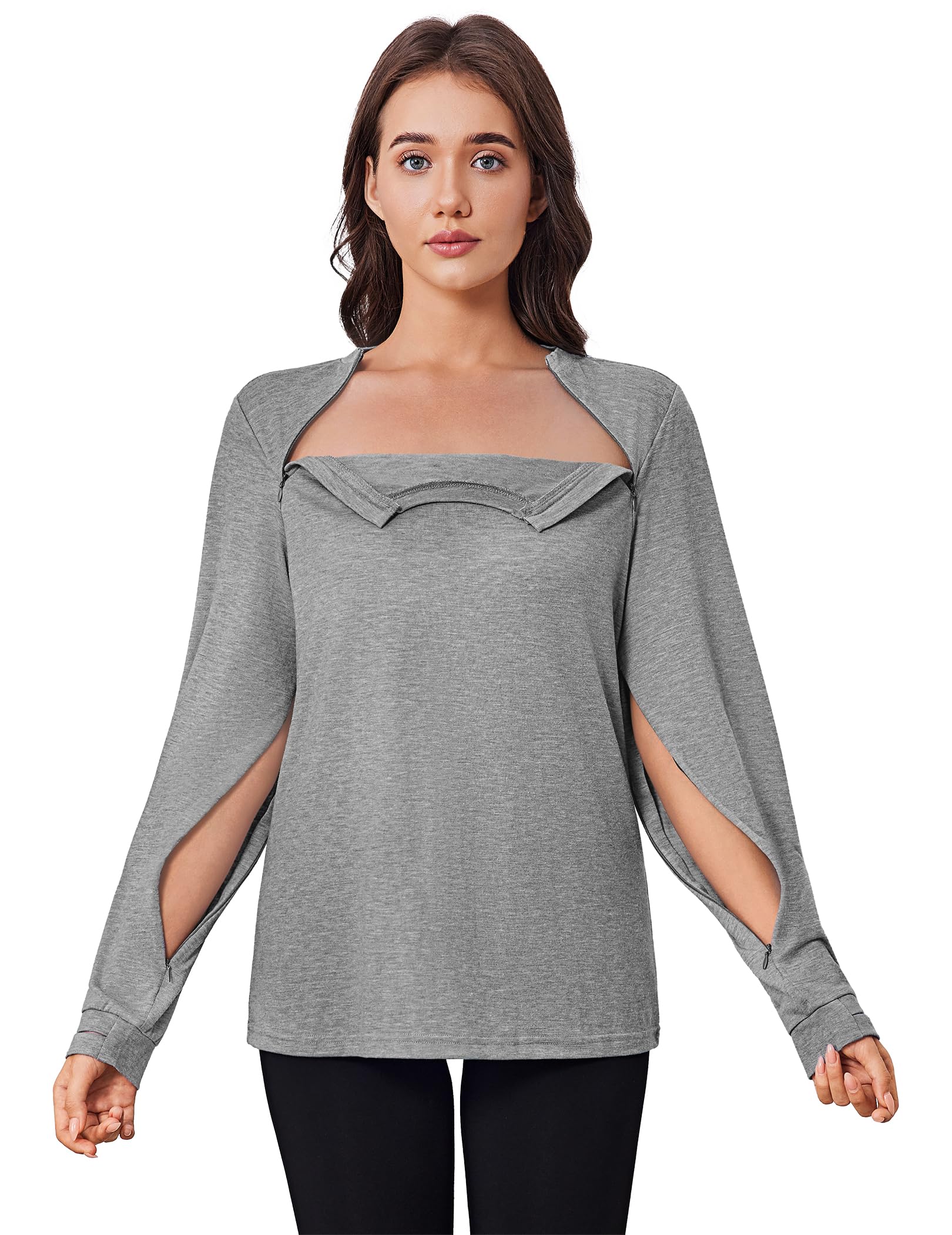 Deyeek Chemo Shirts for Port Access Women Long Sleeve Shoulder Post Surgery Shirt Dialysis Sweatshirts with Arm Zipper