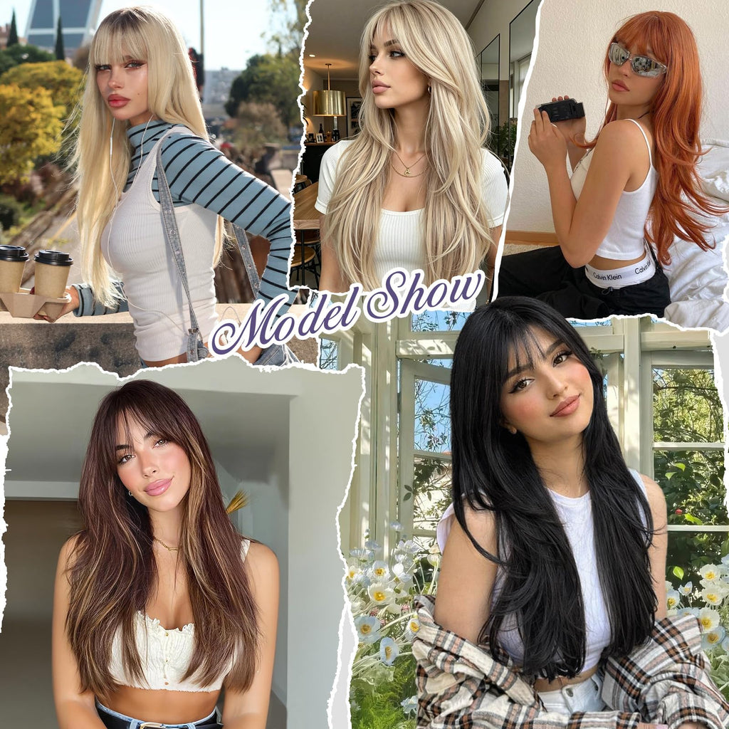 XIXIBI Wig with Bangs for Women,Long Straight,Brown Blonde Highlight