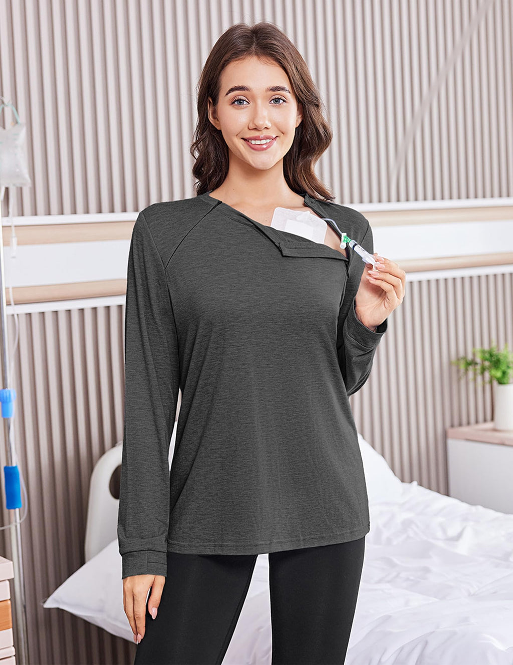 Deyeek Chemo Shirts for Port Access Women Long Sleeve Shoulder Post Surgery Shirt Dialysis Sweatshirts with Arm Zipper