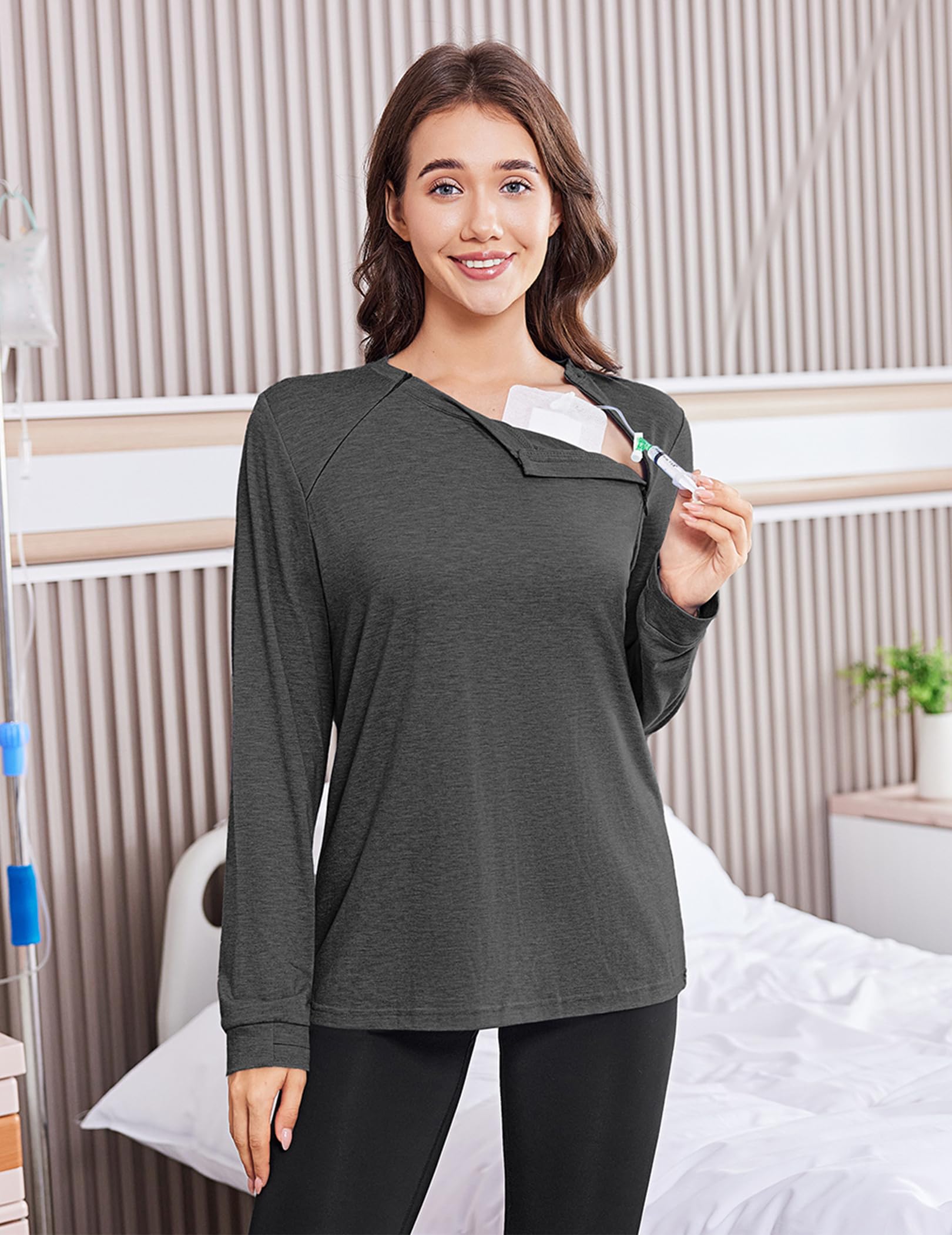 Deyeek Chemo Shirts for Port Access Women Long Sleeve Shoulder Post Surgery Shirt Dialysis Sweatshirts with Arm Zipper
