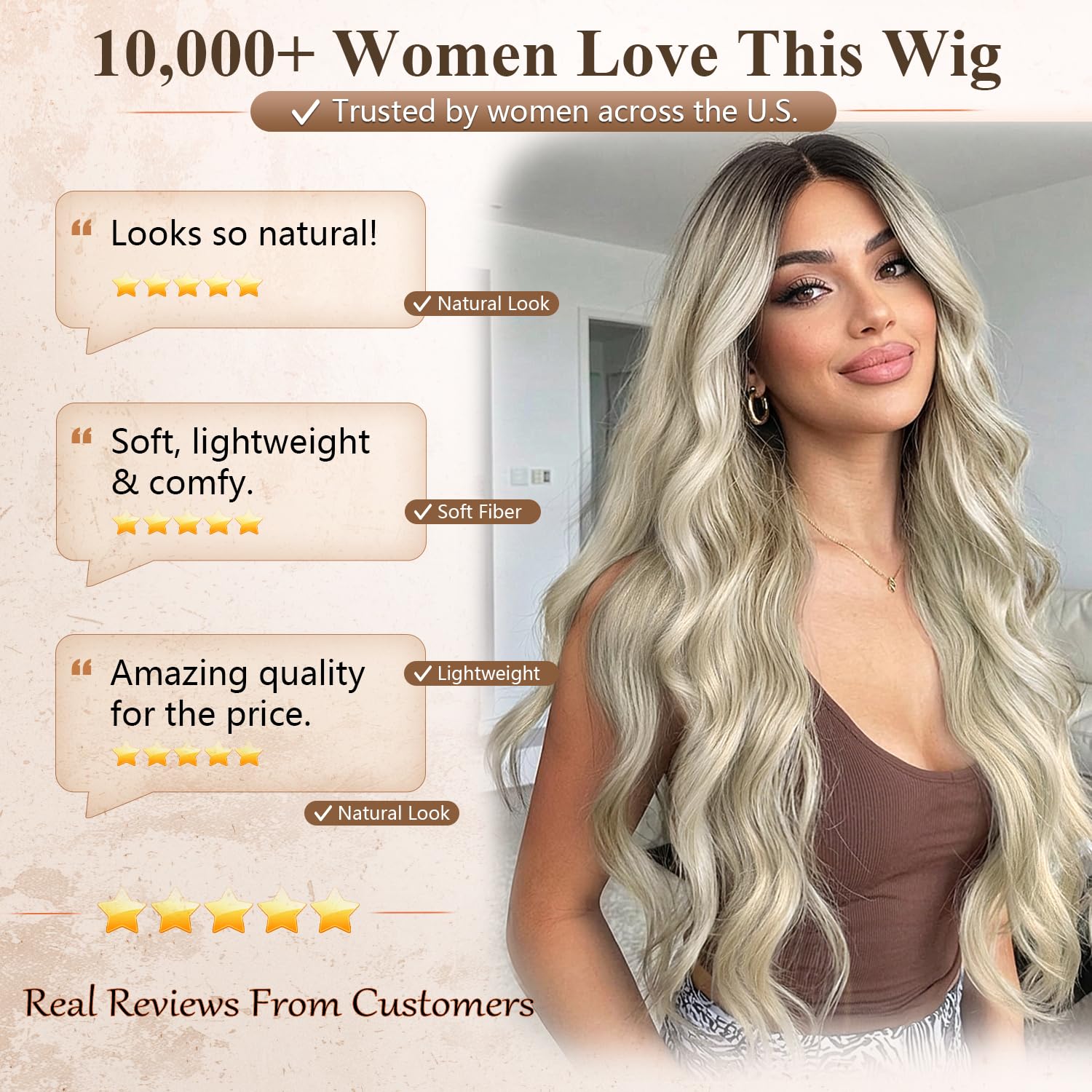 Nnzes Long Brown Mixed Blonde Wavy Wig 4x1 Lace Natural Hairline Middle Part Curly Heat-Resistant Synthetic Fiber for Women & Beginners Daily Party Use 26In