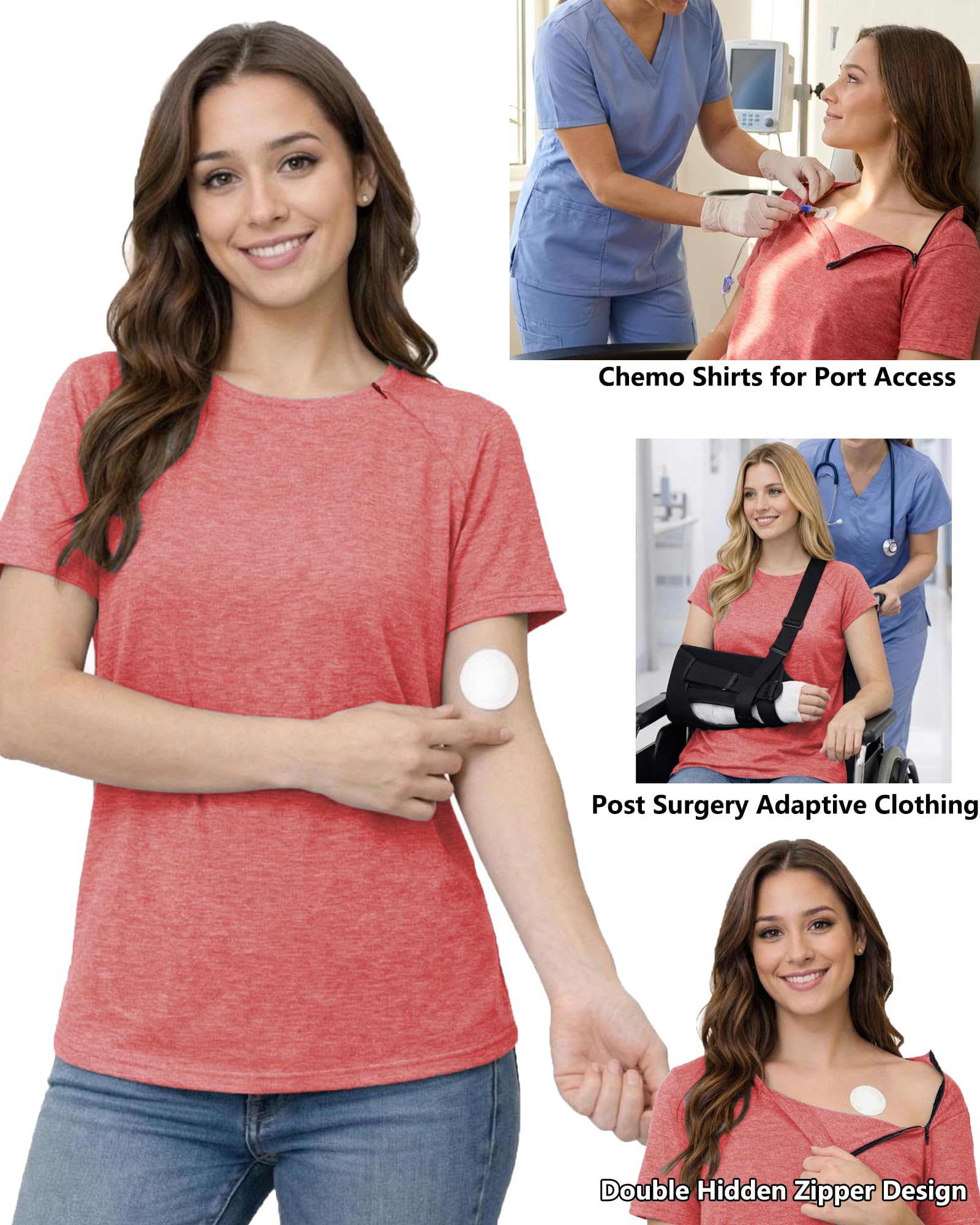Youdiao Chemo Shirts for Port Access Women Post Shoulder Surgery Shirts with 2 Hidden Side Zippers Short Sleeve Tear Away Top