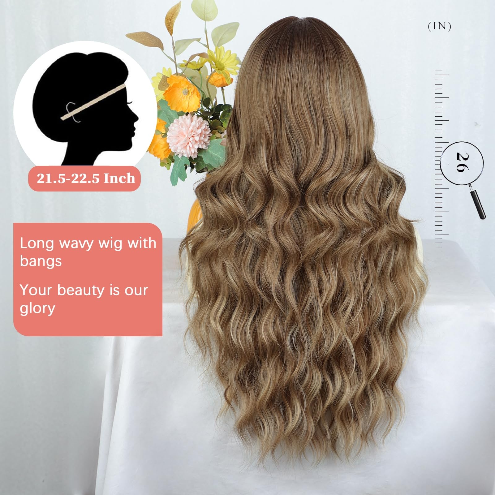 Lativ Ombre Blonde Brown Wig with Bangs Long Wavy Curly Wig with Brown End