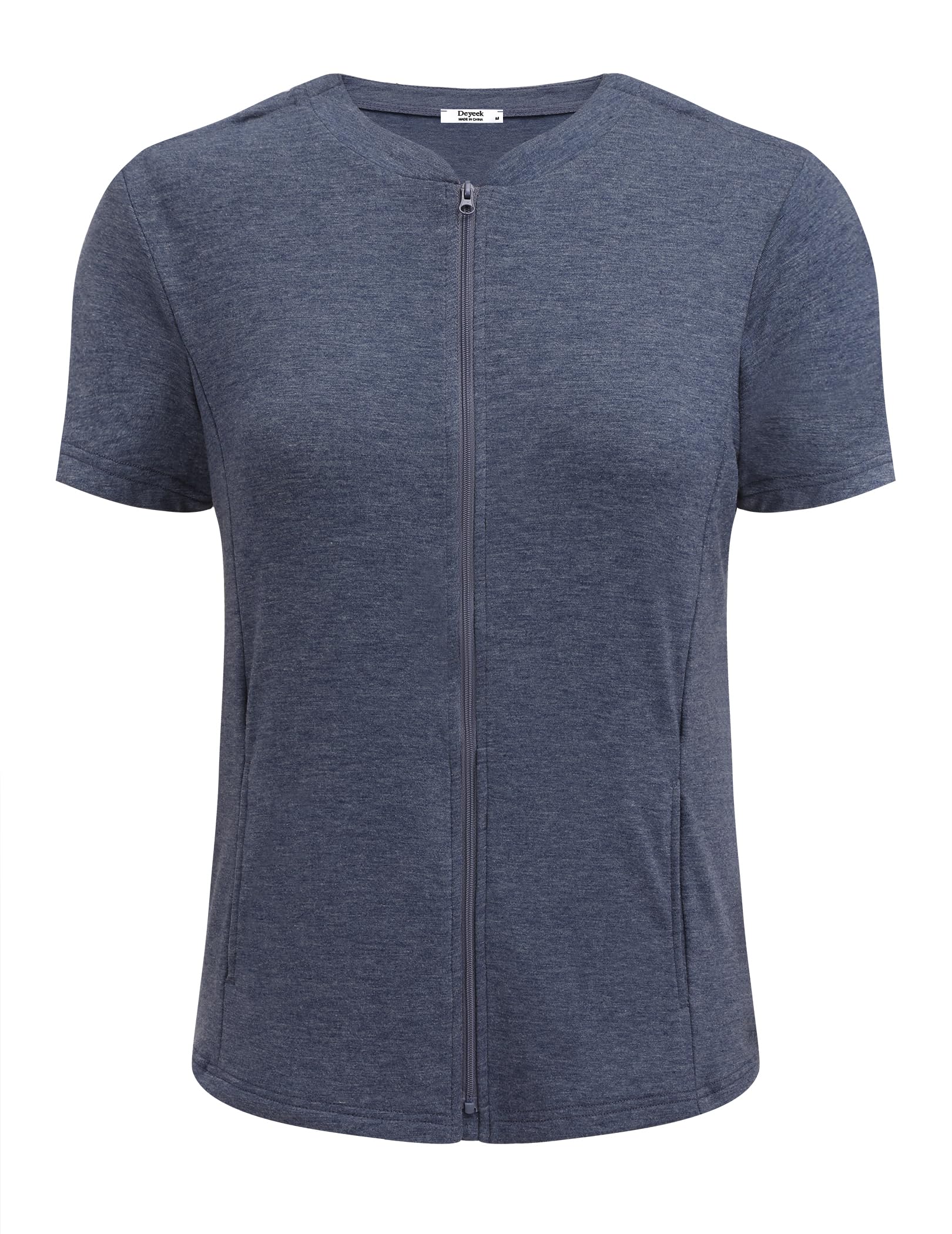 Deyeek Mastectomy Shirts with Drain Pockets Post Shoulder Surgery Tops for Women Chemo Port Short Sleeve with Zippers