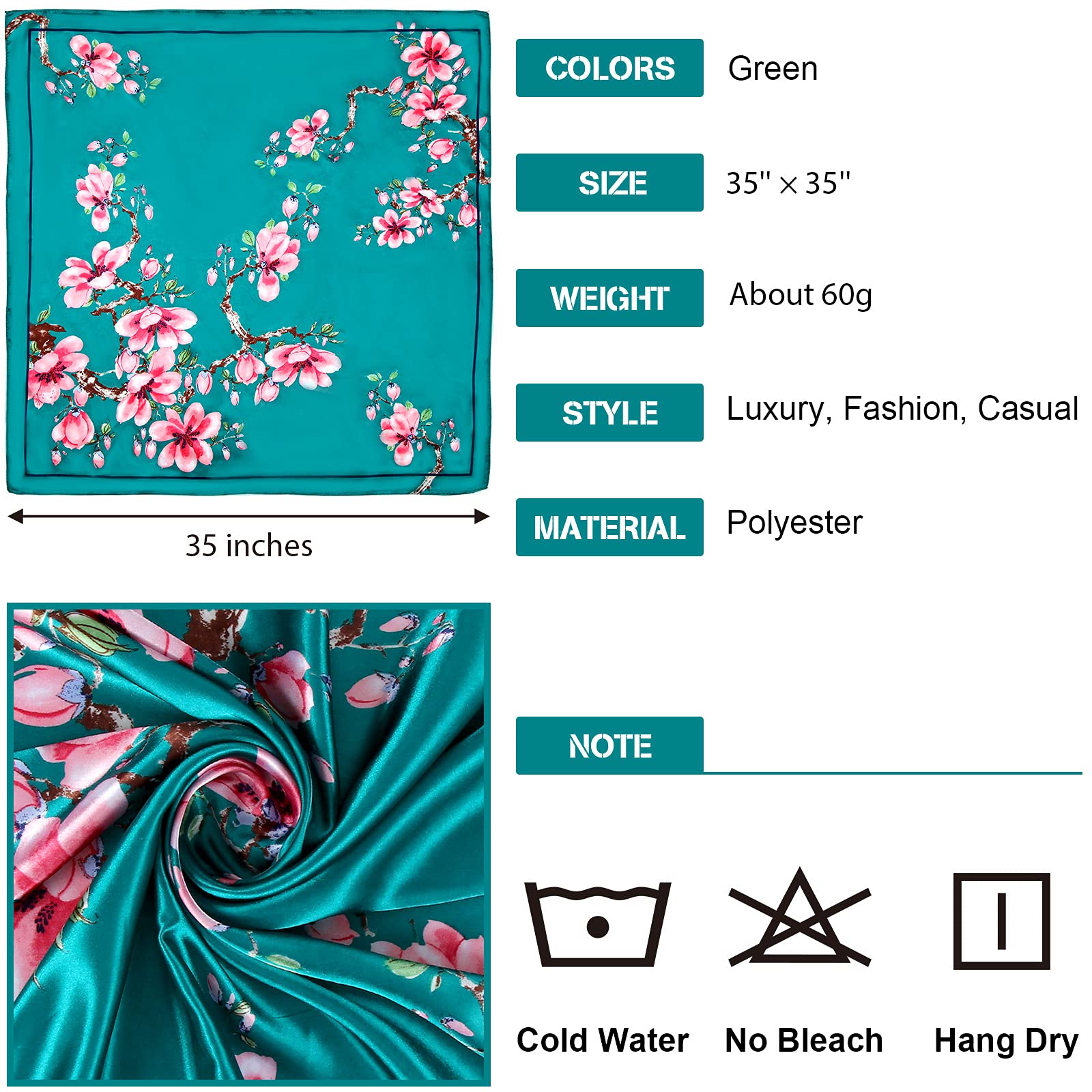 Honoson 4 Pcs 35 Inch Satin Head Scarf Bandanas for Women
