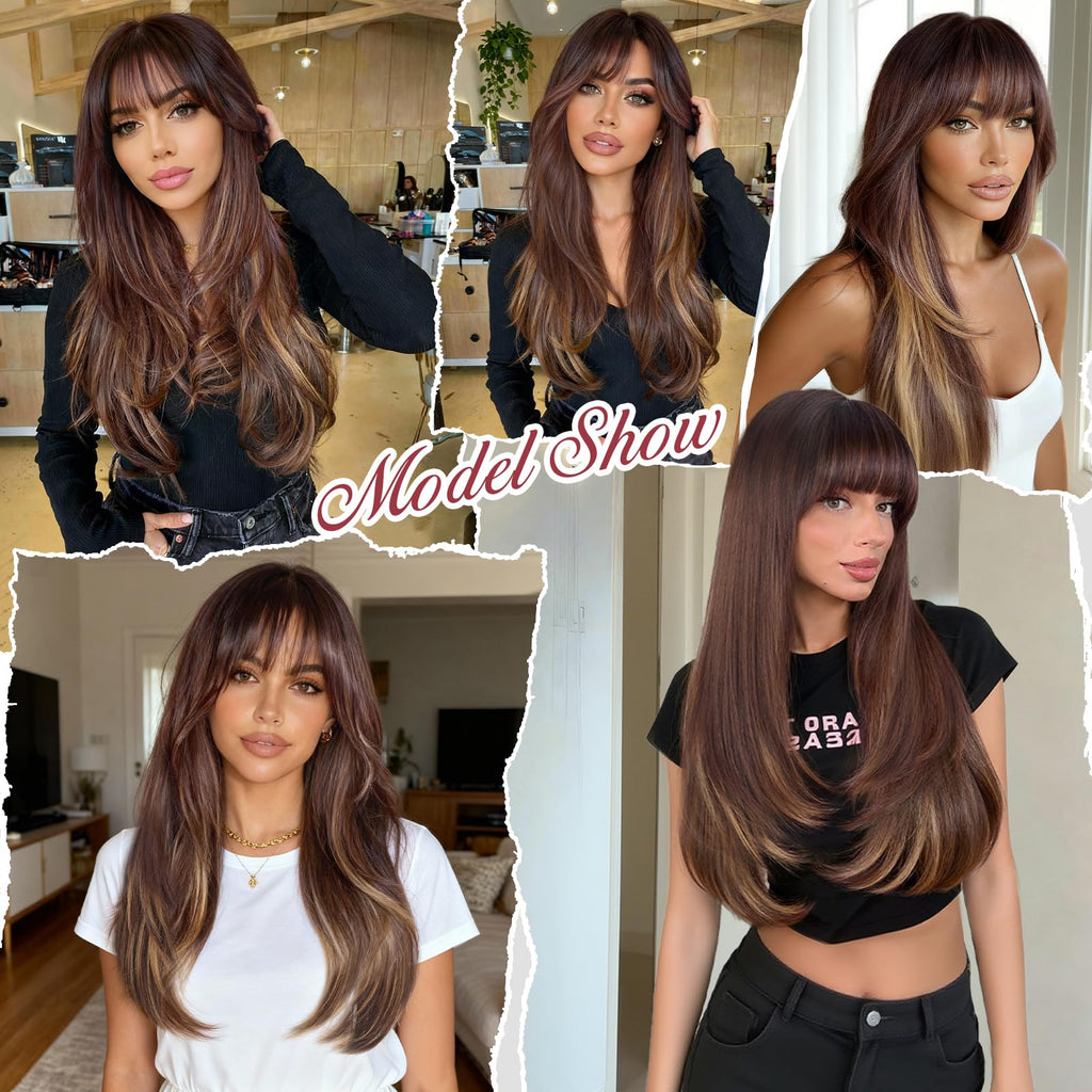 XIXIBI Wig with Bangs for Women,Long Straight,Brown Blonde Highlight