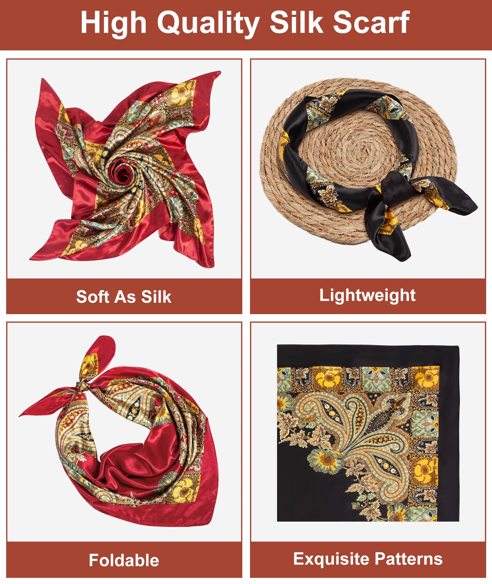 Senker Fashion 2Pcs 35" Silk Head Scarf for Women