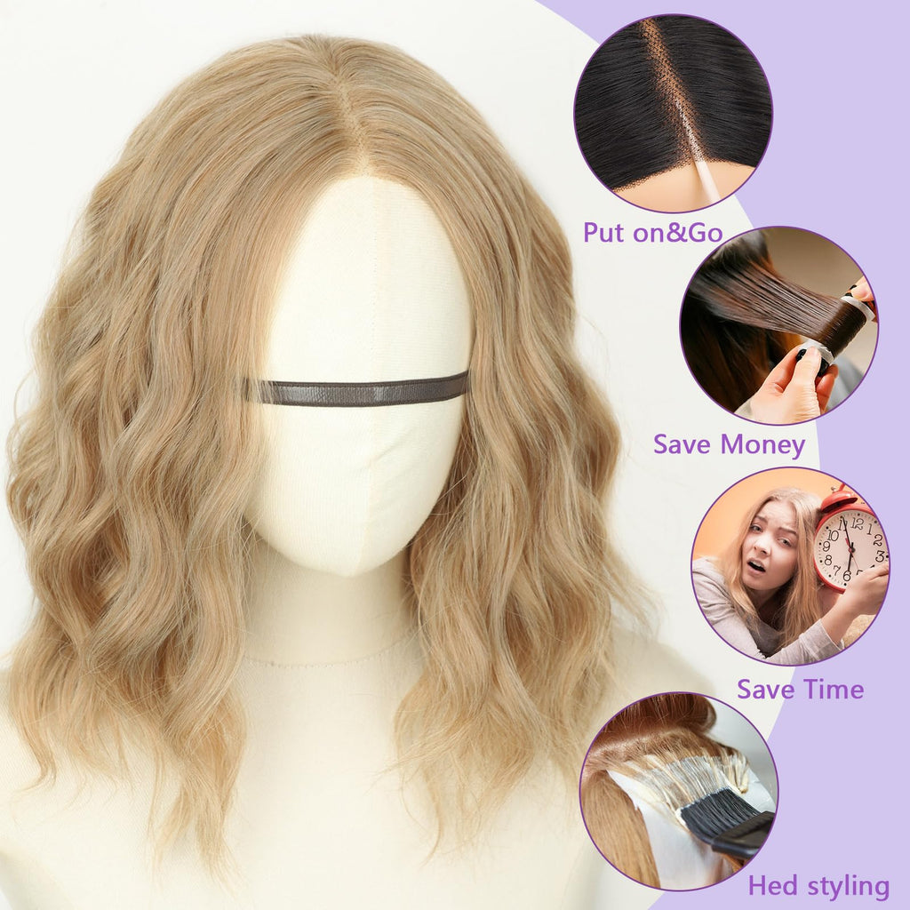 AISI HAIR 14Inch Dark to Light Blonde Wig for Women,Wave Synthetic Lace Wig