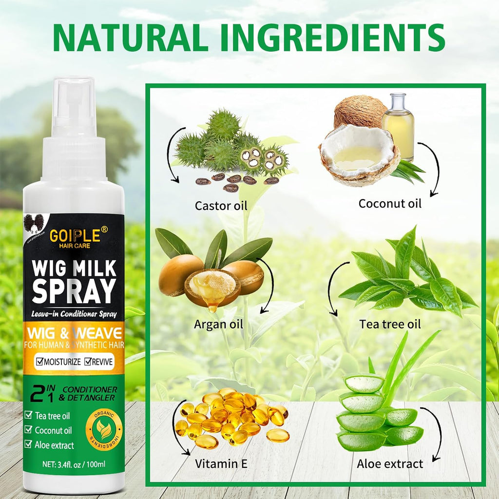 Goiple Wig Shampoo & Wig Milk Spray for Synthetic Hair Human Wigs, Detangle and Anti-Frizz, Hydrates & Moisturizes Synthetic Wig Shampoo, Conditioner＆Detangler 2 in 1 Moisturize Spray Detangler Brush