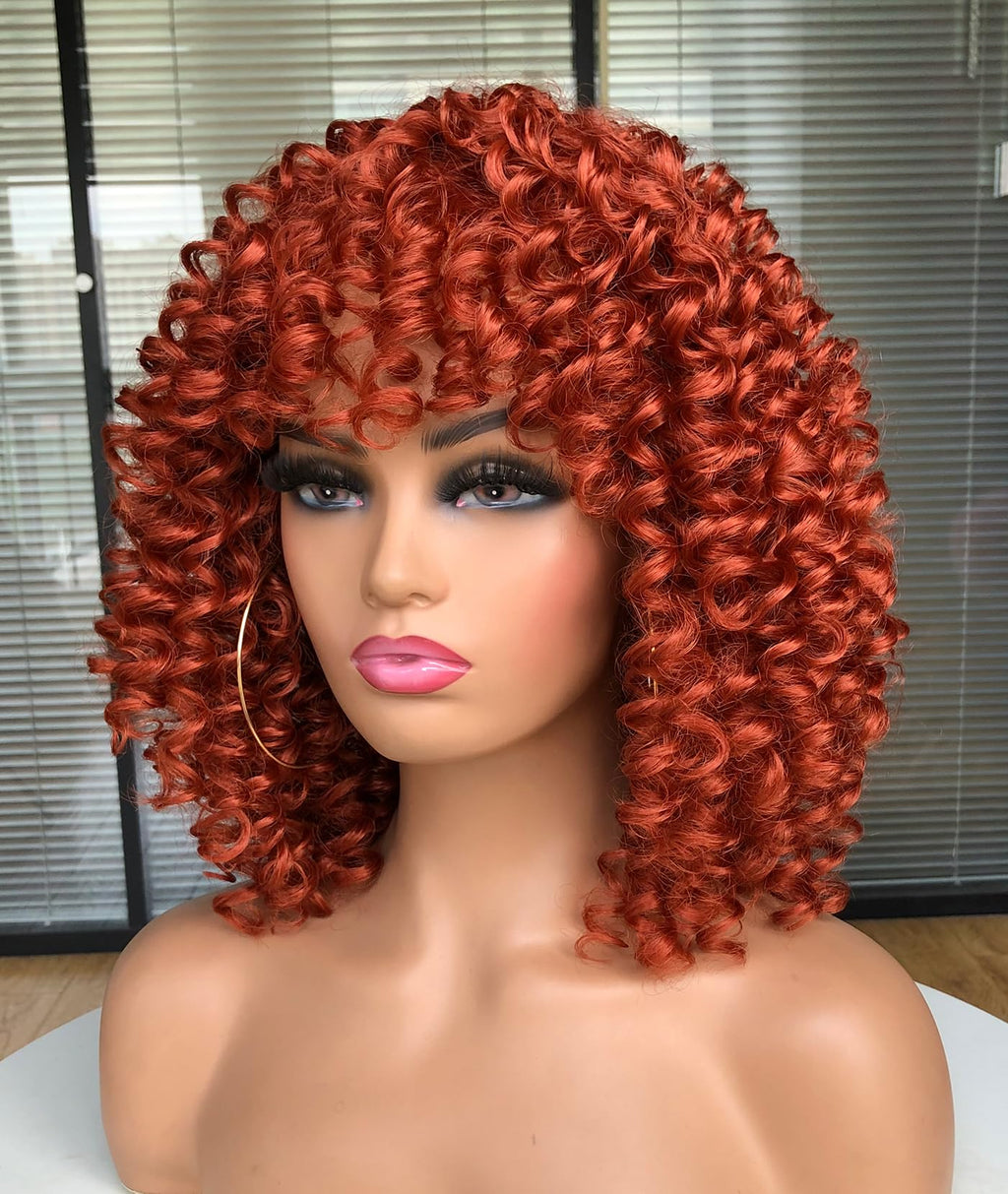 Curly Afro Wigs for Black Women Kinky Curly Wig with Bangs Synthetic Fiber Natural Looking Glueless Hair for Daily Wear
