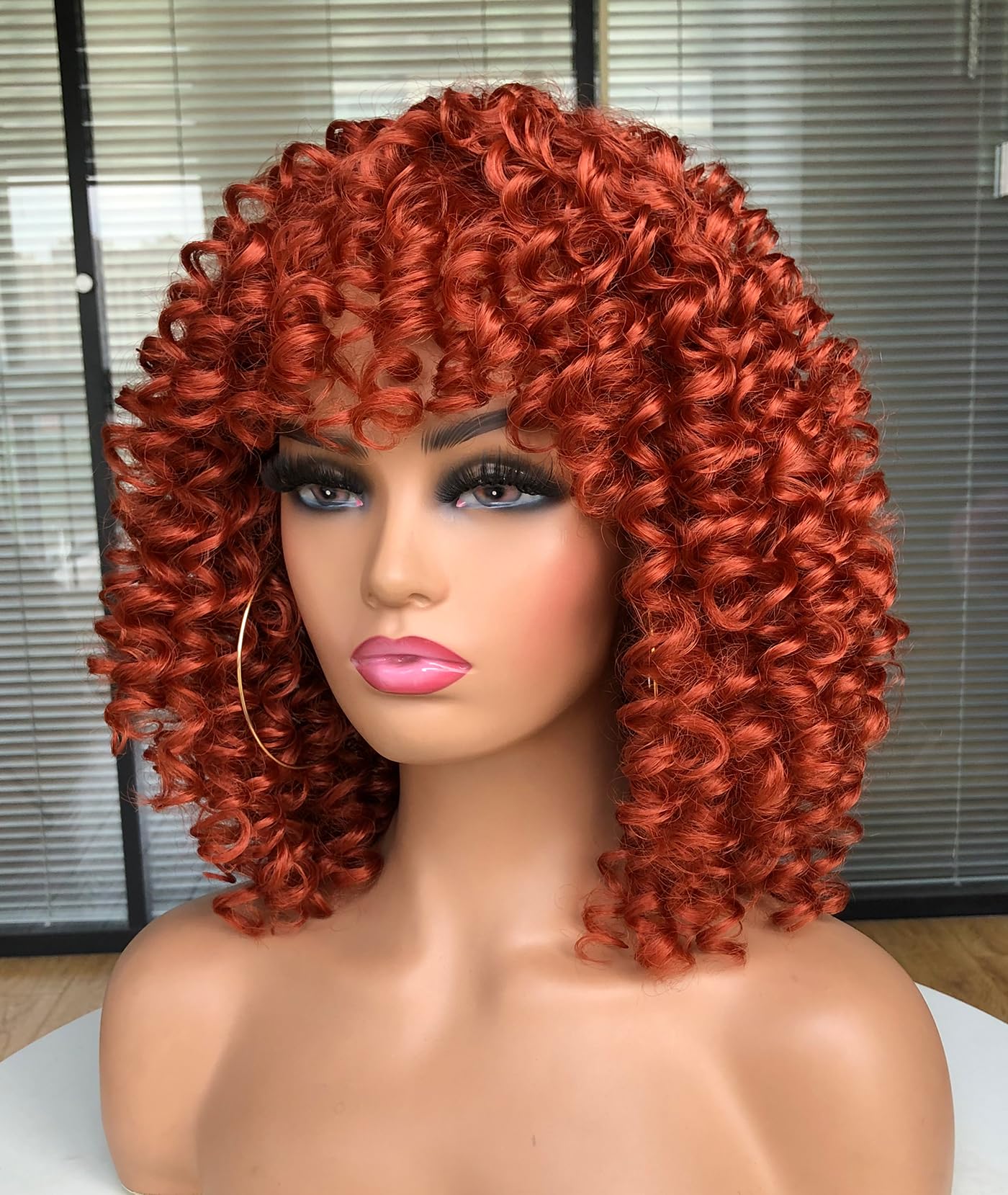 Curly Afro Wigs for Black Women Kinky Curly Wig with Bangs Synthetic Fiber Natural Looking Glueless Hair for Daily Wear