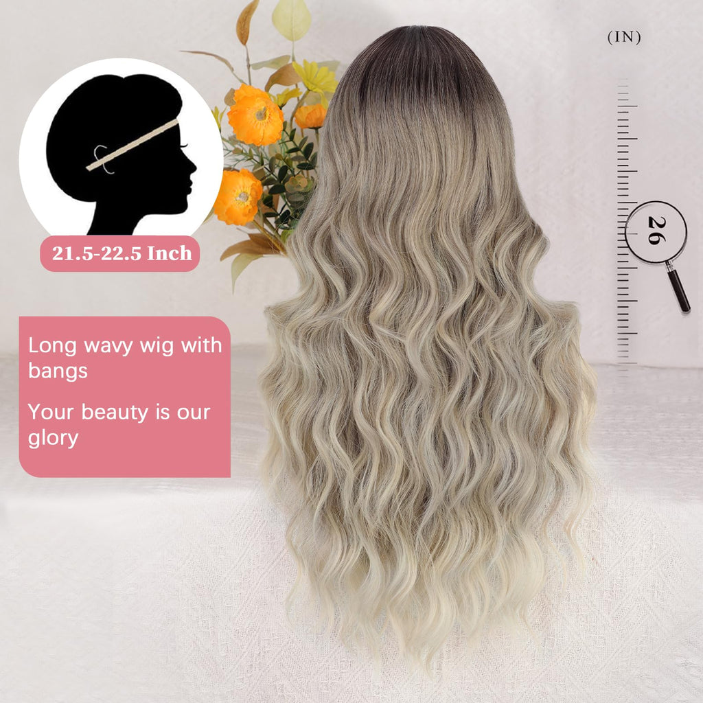 Lativ Ombre Blonde Brown Wig with Bangs Long Wavy Curly Wig with Brown End