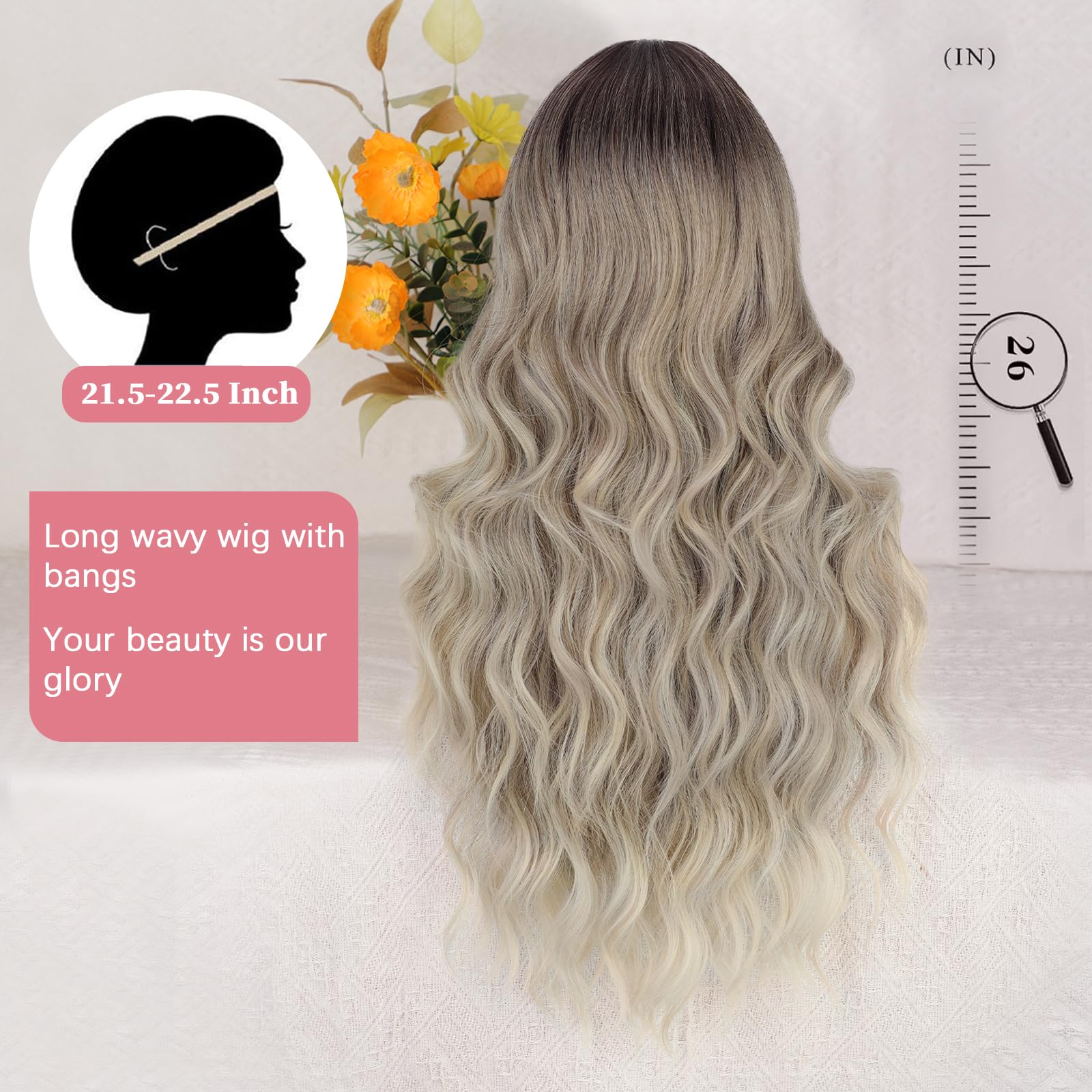 Lativ Ombre Blonde Brown Wig with Bangs Long Wavy Curly Wig with Brown End
