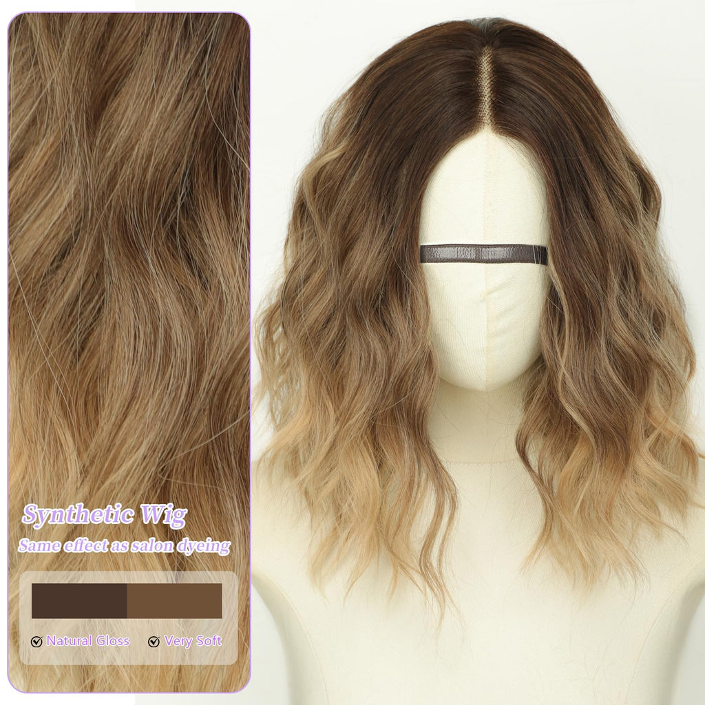 AISI HAIR 14Inch Dark to Light Blonde Wig for Women,Wave Synthetic Lace Wig
