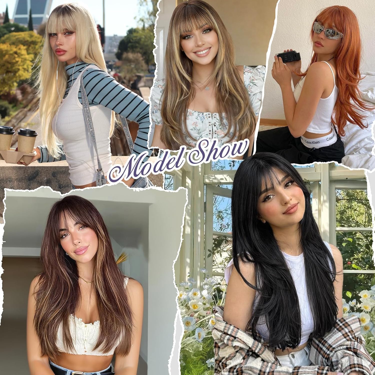 XIXIBI Wig with Bangs for Women,Long Straight,Brown Blonde Highlight