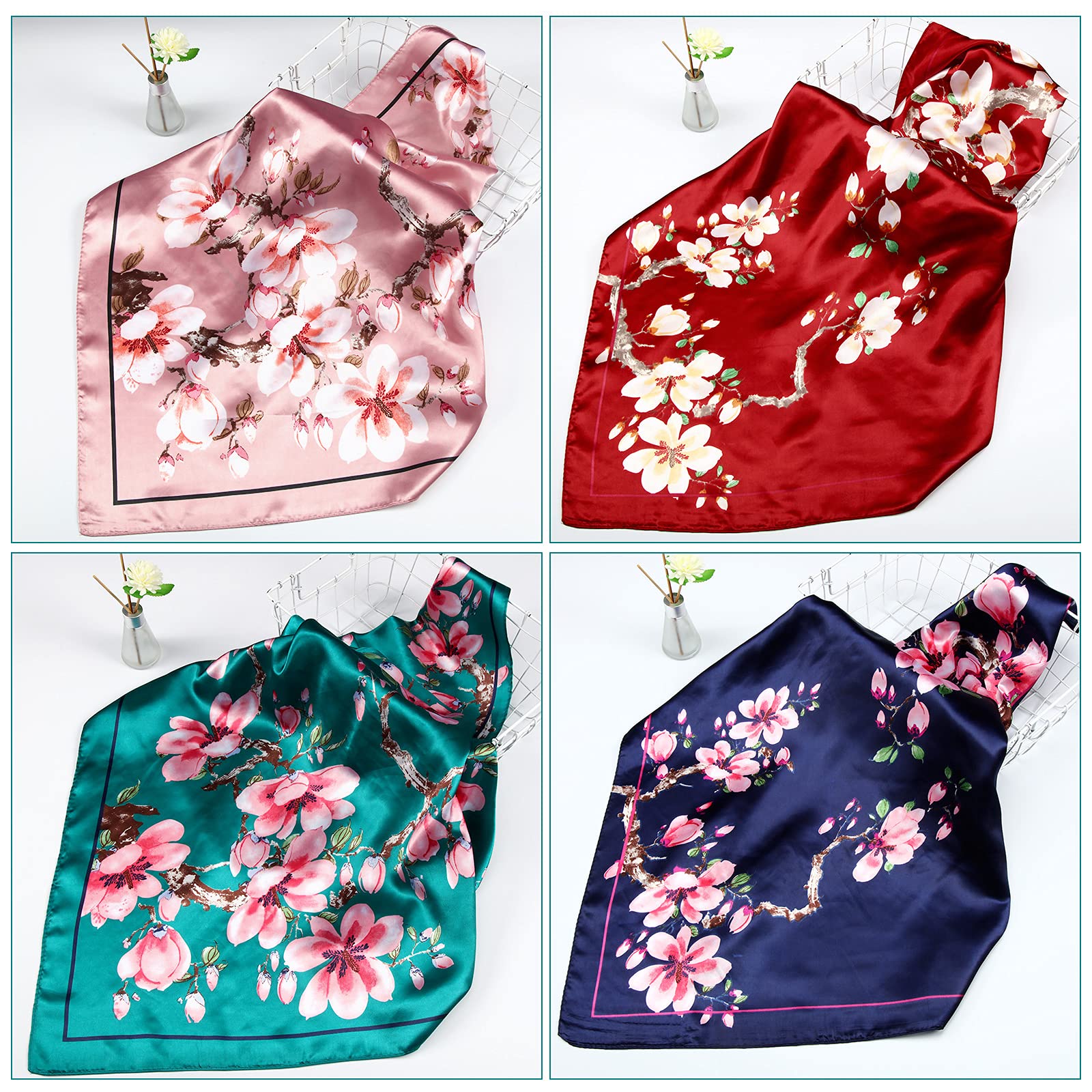 Honoson 4 Pcs 35 Inch Satin Head Scarf Bandanas for Women