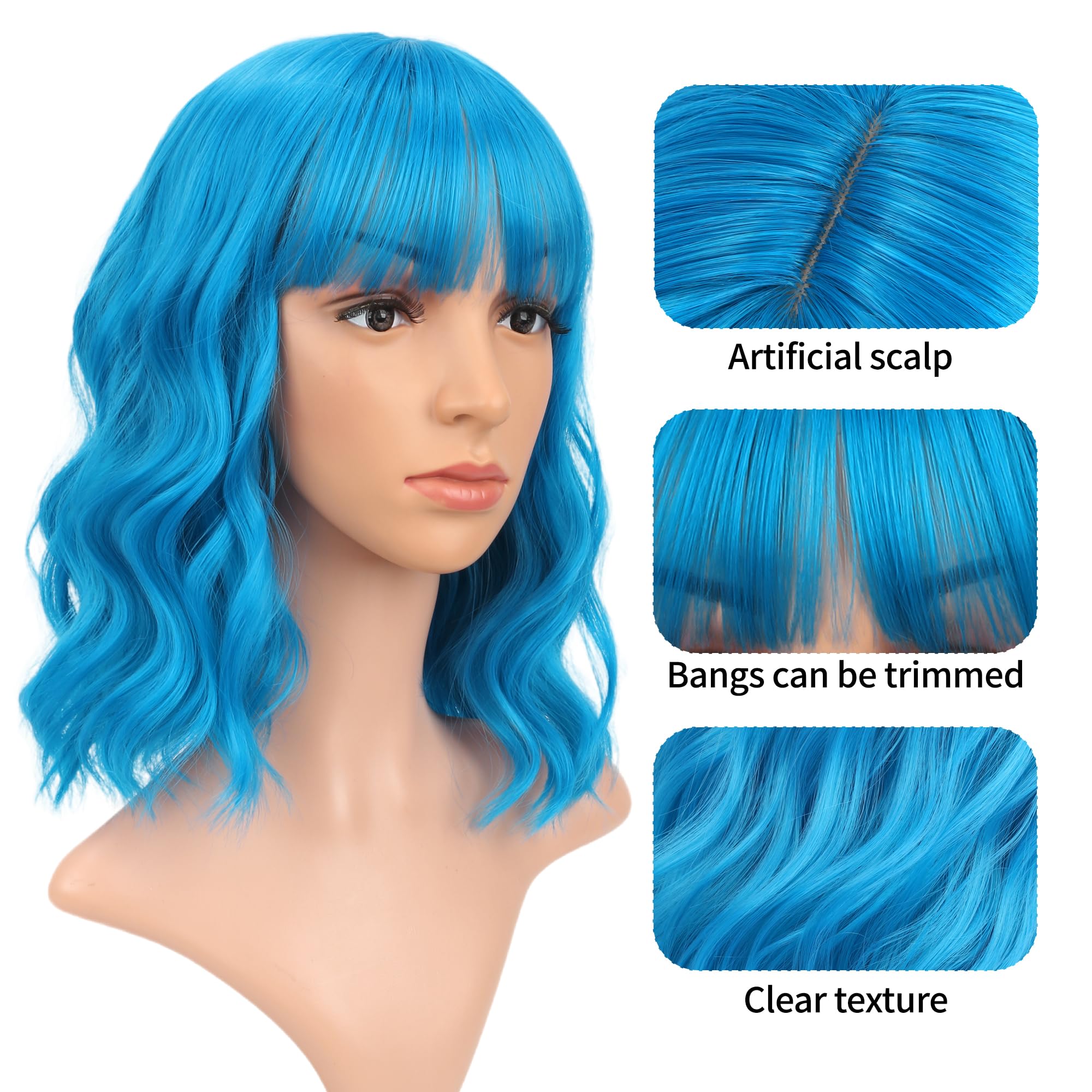 FAELBATY Blonde Wave Short Bob Wigs With Air Bangs Shoulder Length Wig For Women and Girls Curly Wavy Synthetic Cosplay Costume Wig (12" Mix blonde and gold)