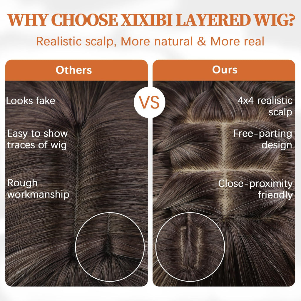 XIXIBI Wig with Bangs for Women,Long Straight,Brown Blonde Highlight
