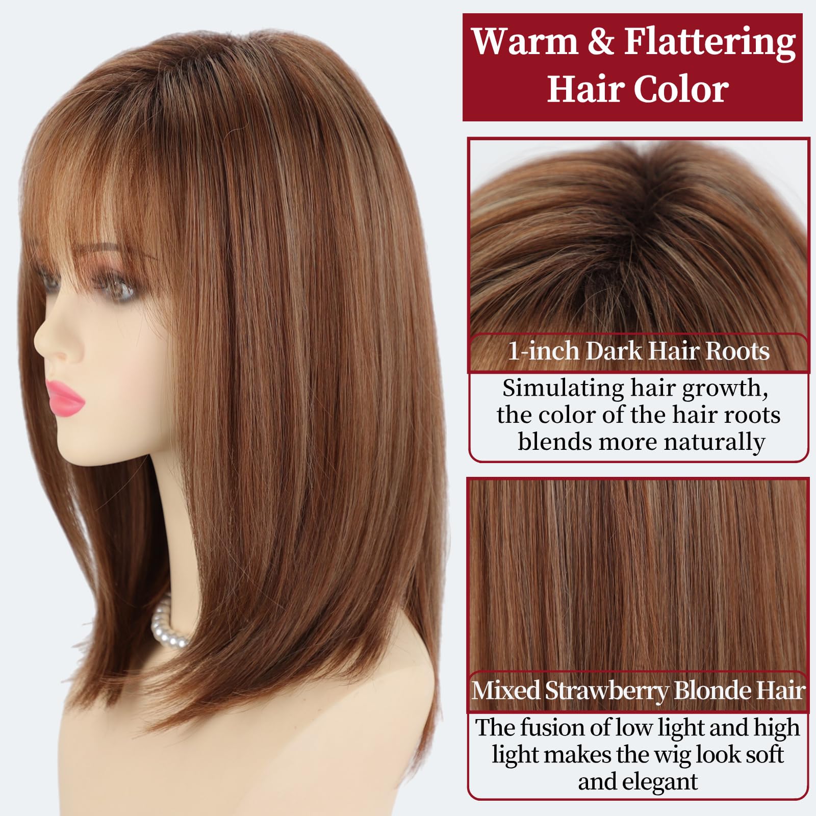 RENERSHOW Ombre Blonde Highlight Layered Bob Wig with Bangs for White Women