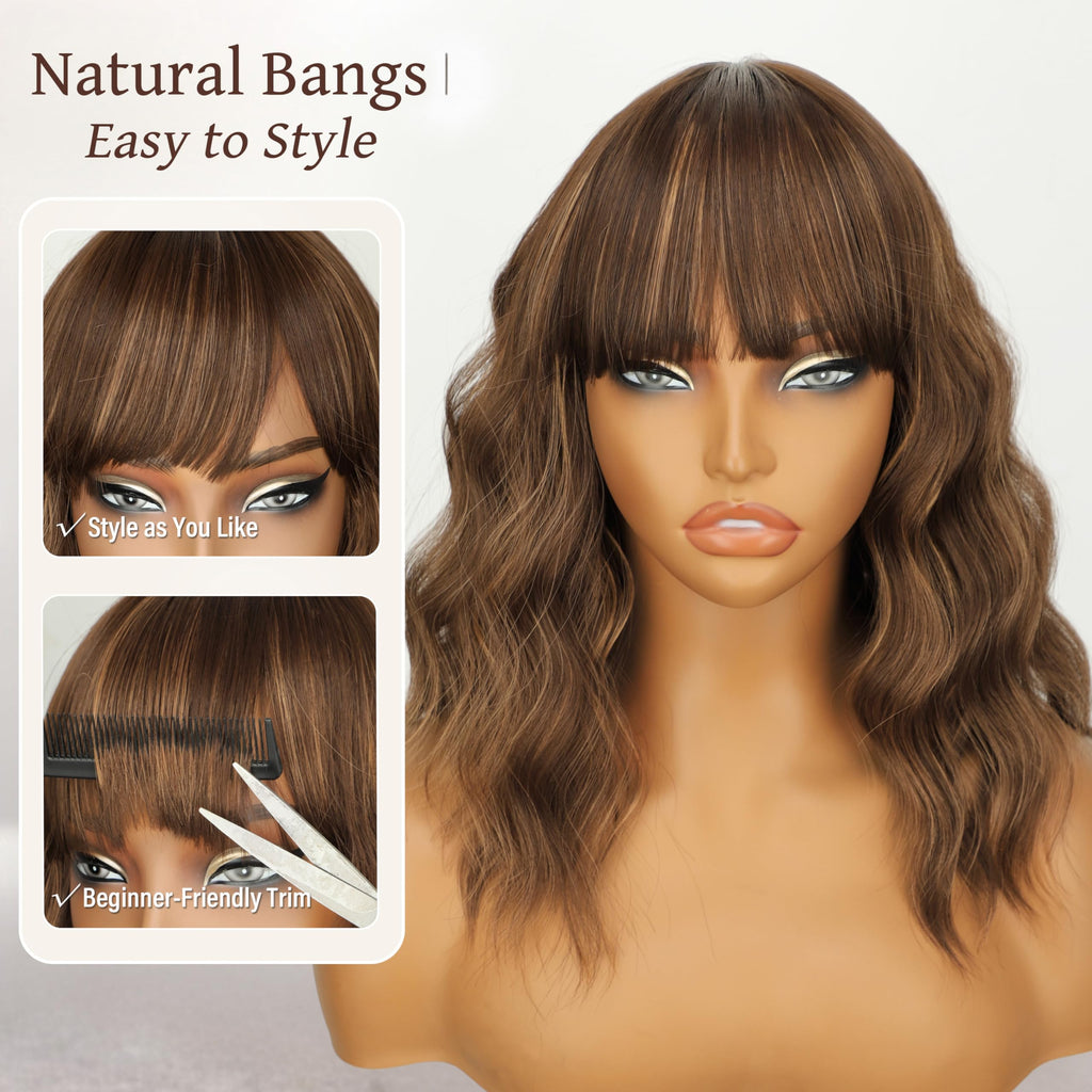 Nnzes Wig with Bangs for Women Shoulder Length Bob Wavy Women's Charming Synthetic Brown mixed Blonde Highlight Wigs with Natural Curly Heat Resistant Hair for Daily Party Use