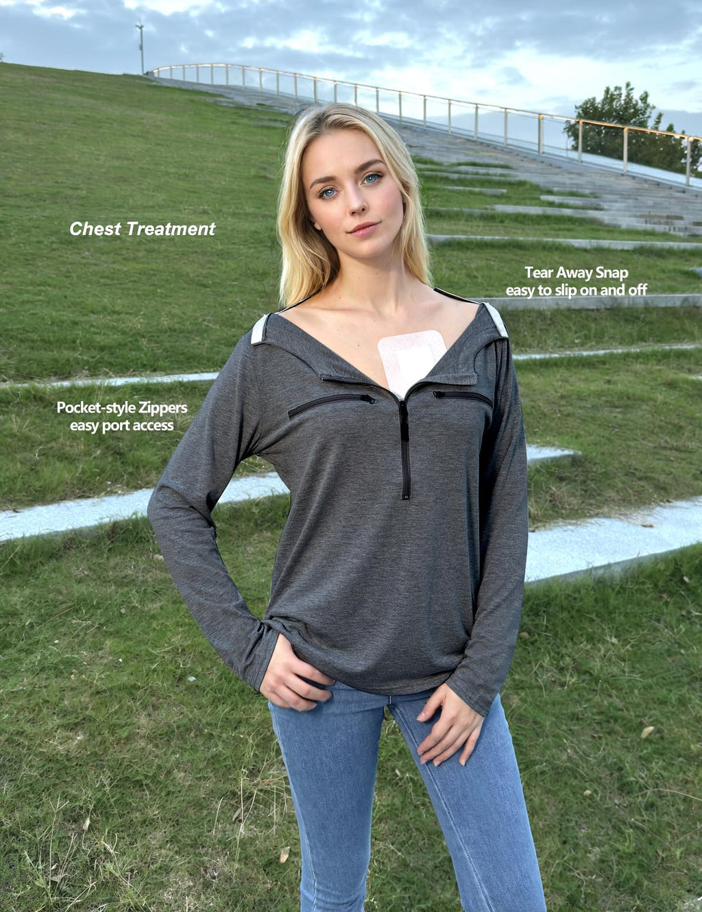Chemo Port Shirts for Women Long Sleeve Post-Surgery Recovery with 2 Side Snaps Shoulder Surgery & Dialysis Recovery Shirts