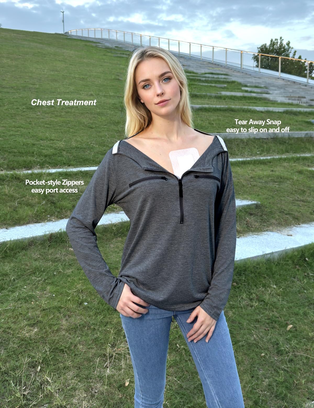 Chemo Port Shirts for Women Long Sleeve Post-Surgery Recovery with 2 Side Snaps Shoulder Surgery & Dialysis Recovery Shirts