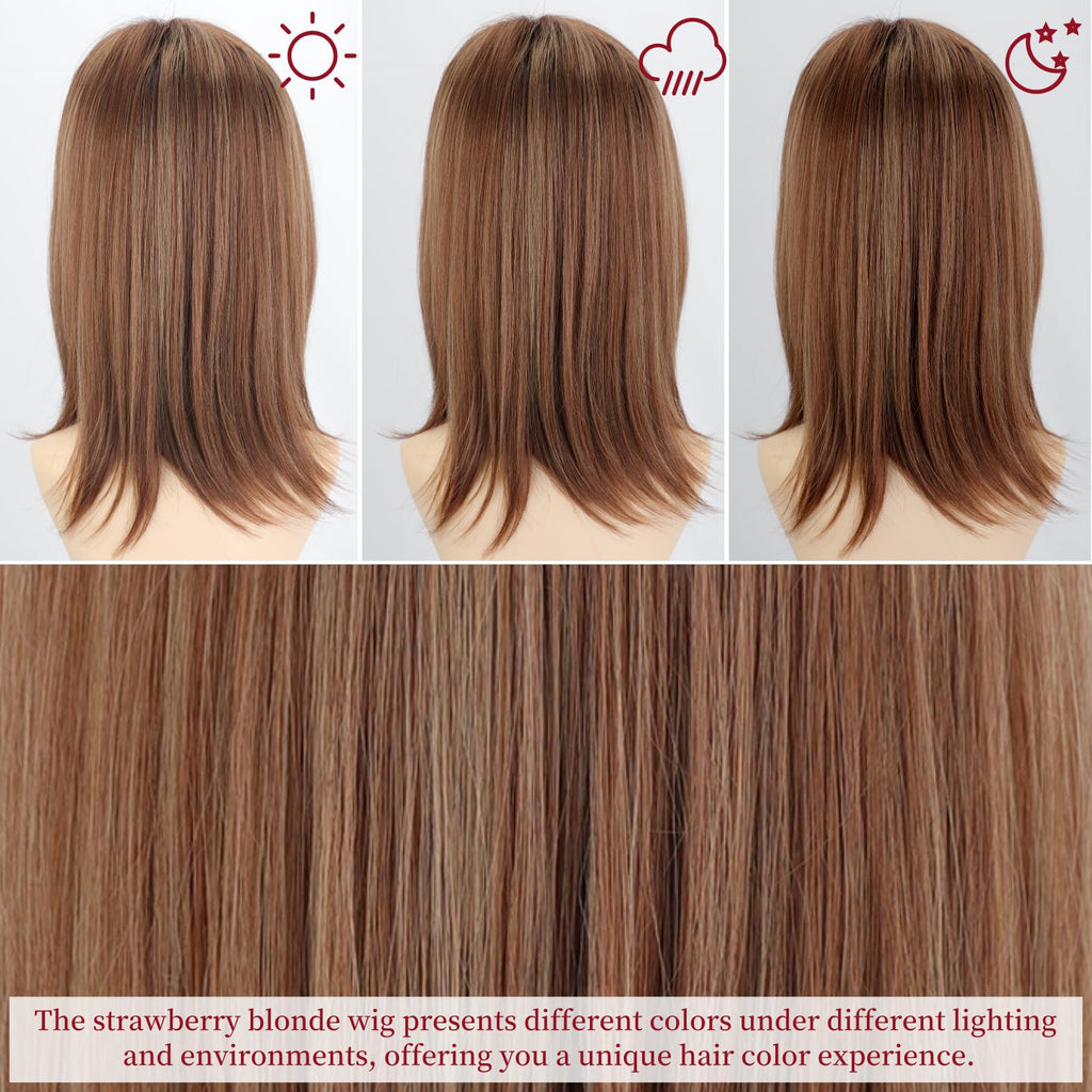 RENERSHOW Ombre Blonde Highlight Layered Bob Wig with Bangs for White Women