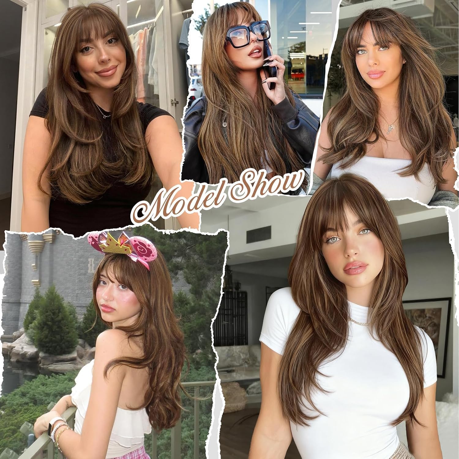 XIXIBI Wig with Bangs for Women,Long Straight,Brown Blonde Highlight