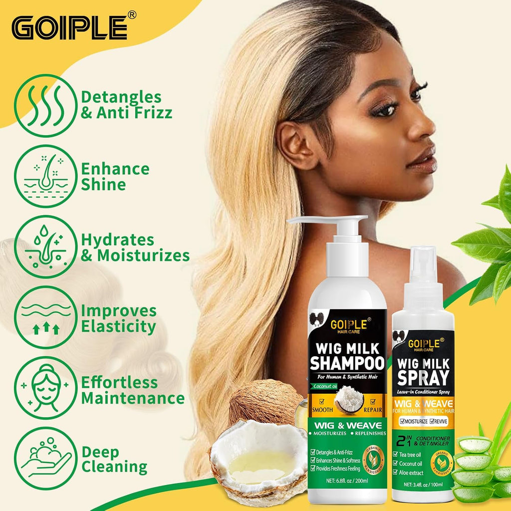 Goiple Wig Shampoo & Wig Milk Spray for Synthetic Hair Human Wigs, Detangle and Anti-Frizz, Hydrates & Moisturizes Synthetic Wig Shampoo, Conditioner＆Detangler 2 in 1 Moisturize Spray Detangler Brush