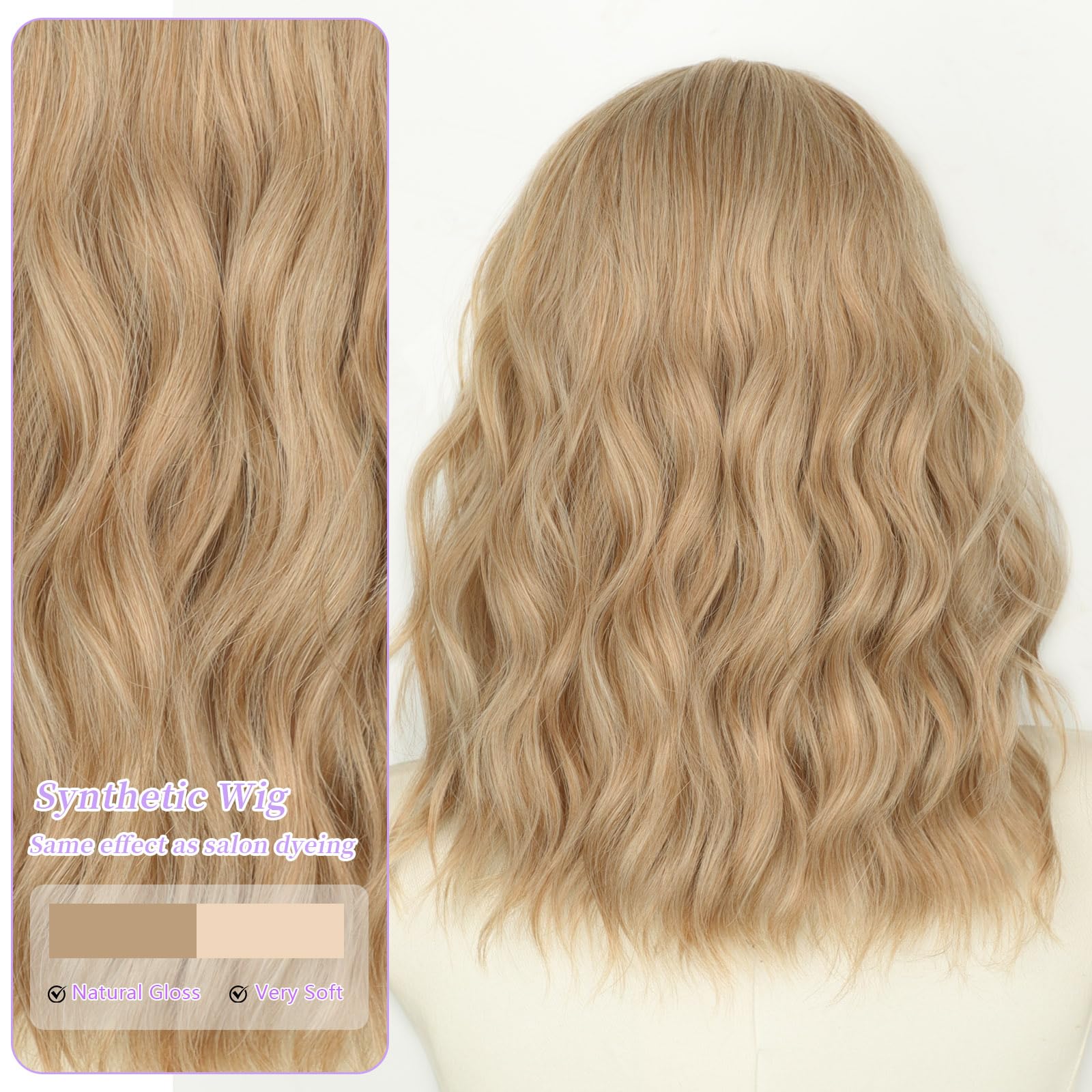 AISI HAIR 14Inch Dark to Light Blonde Wig for Women,Wave Synthetic Lace Wig