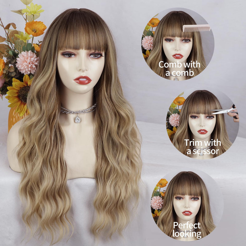 Lativ Ombre Blonde Brown Wig with Bangs Long Wavy Curly Wig with Brown End