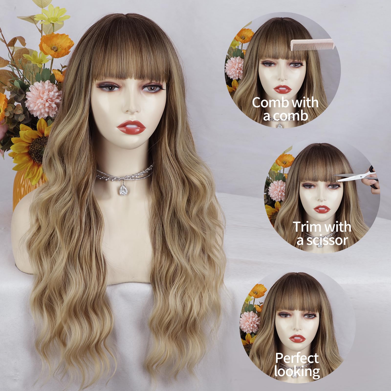 Lativ Ombre Blonde Brown Wig with Bangs Long Wavy Curly Wig with Brown End
