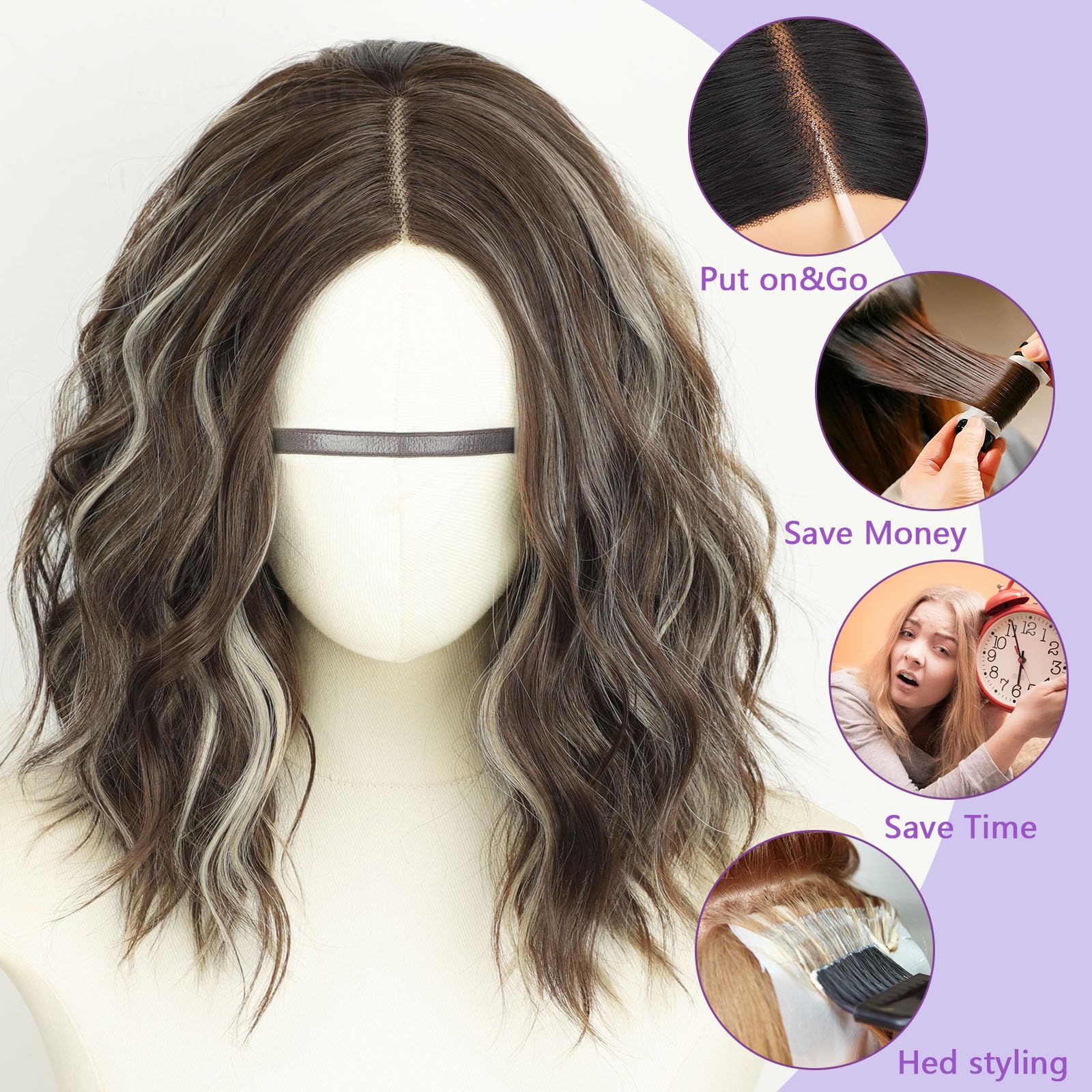 AISI HAIR 14Inch Dark to Light Blonde Wig for Women,Wave Synthetic Lace Wig