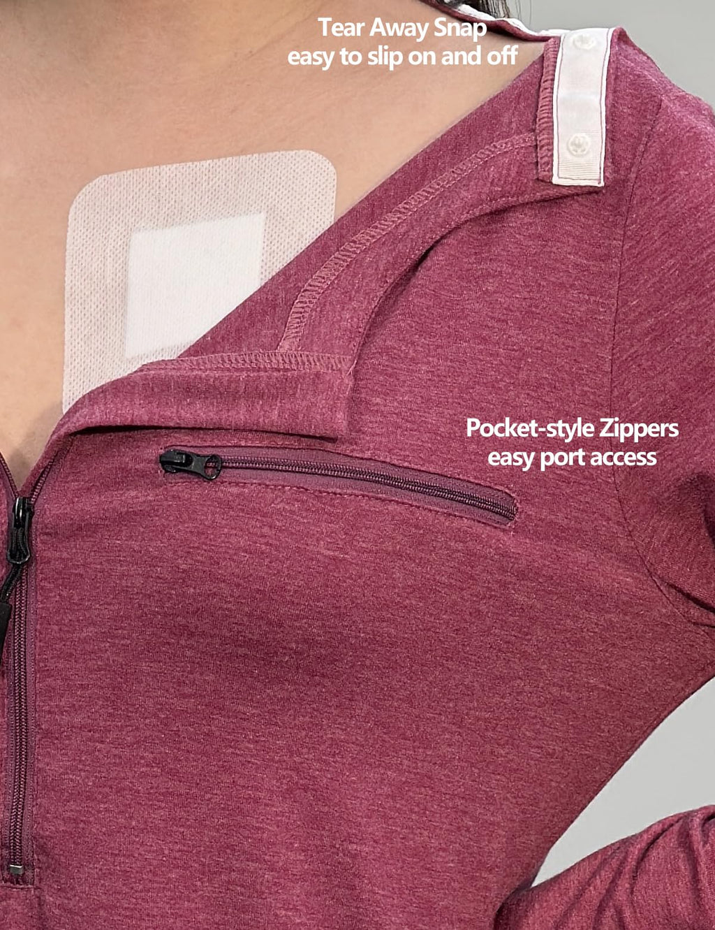 Chemo Port Shirts for Women Long Sleeve Post-Surgery Recovery with 2 Side Snaps Shoulder Surgery & Dialysis Recovery Shirts