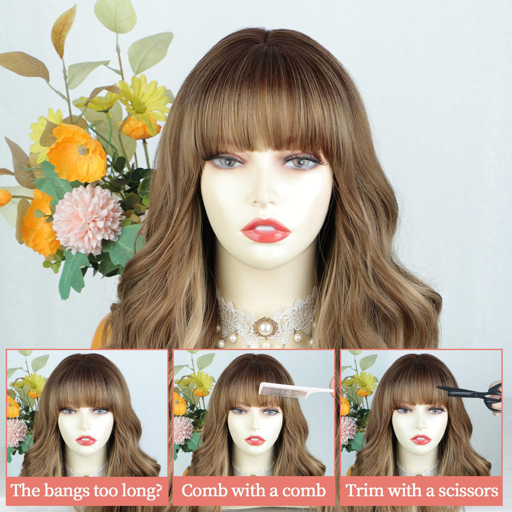 Lativ Ombre Blonde Brown Wig with Bangs Long Wavy Curly Wig with Brown End