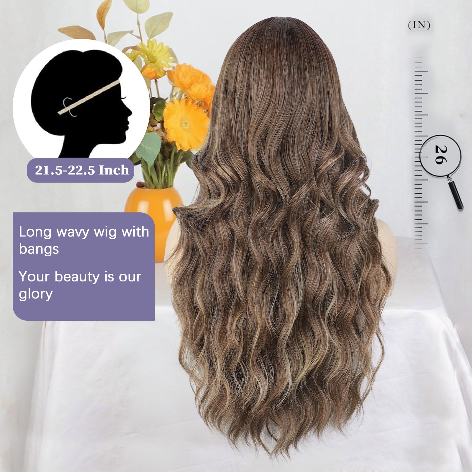 Lativ Ombre Blonde Brown Wig with Bangs Long Wavy Curly Wig with Brown End