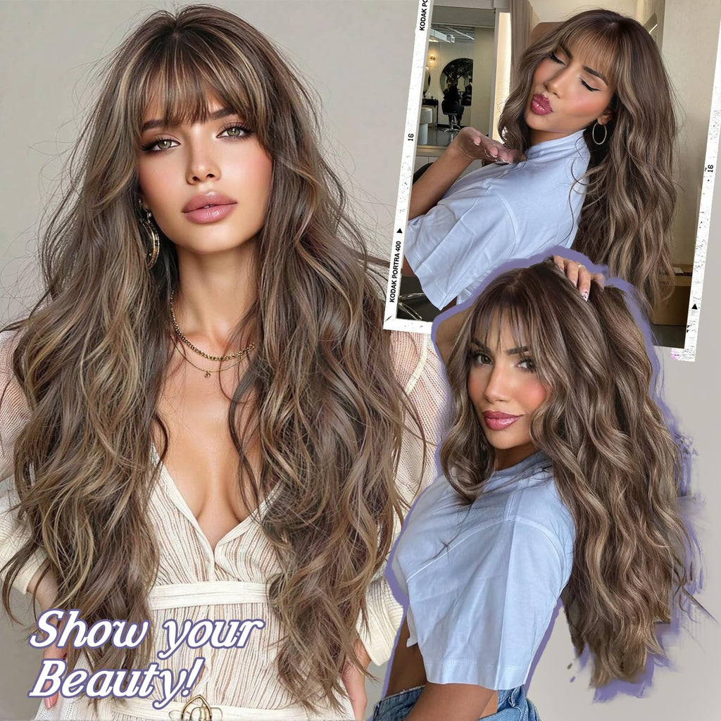 Lativ Ombre Blonde Brown Wig with Bangs Long Wavy Curly Wig with Brown End