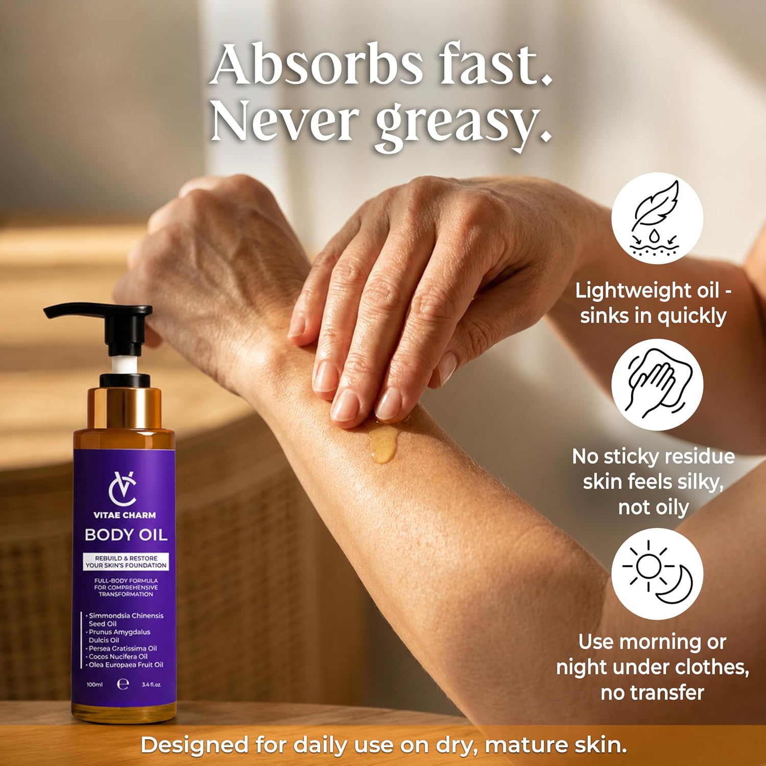 Body Oil for Crepey, Dry & Mature Skin | 3.4 fl oz | 9 Oils Mix