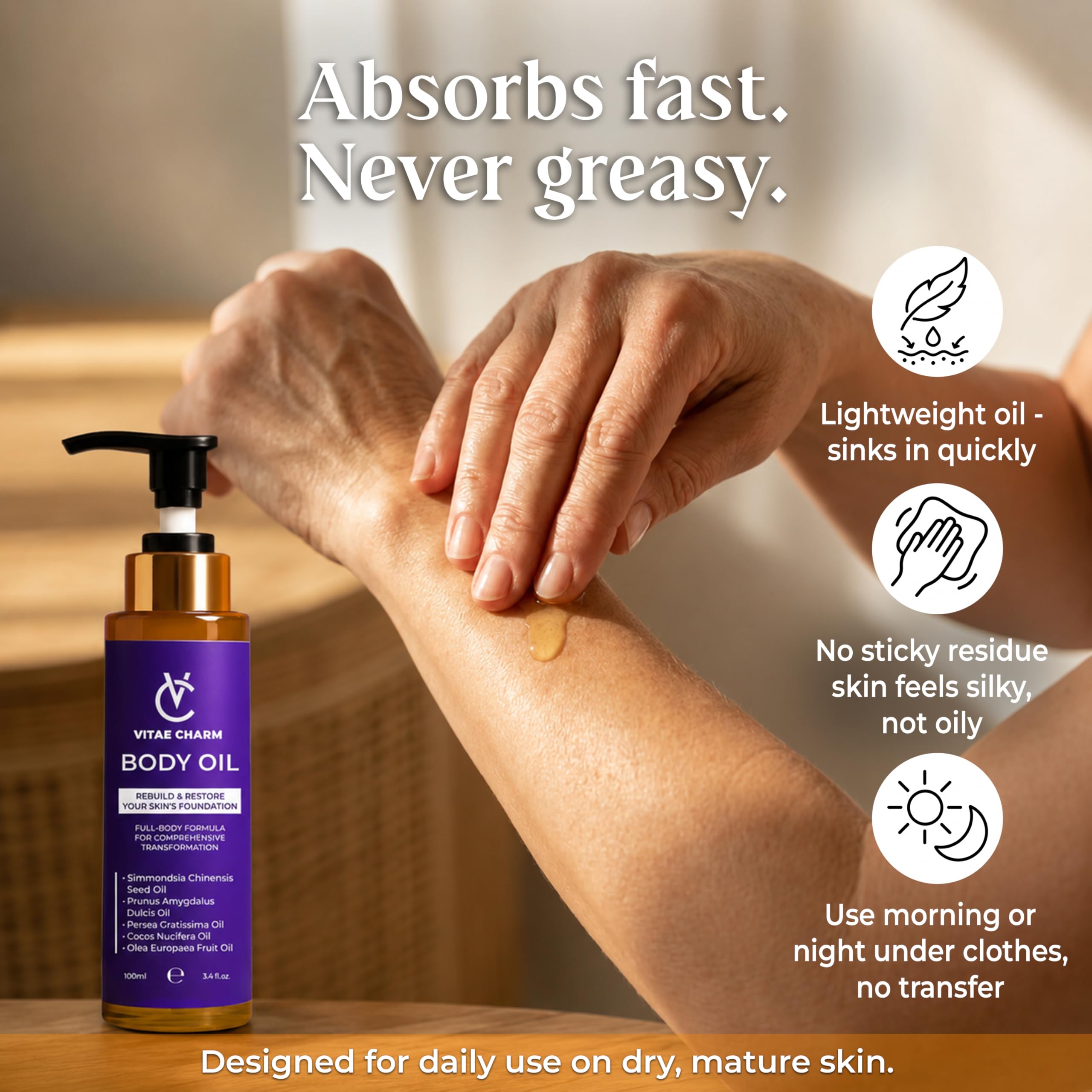 Body Oil for Crepey, Dry & Mature Skin | 3.4 fl oz | 9 Oils Mix