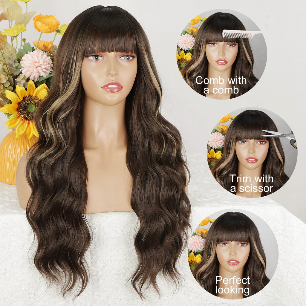 Lativ Ombre Blonde Brown Wig with Bangs Long Wavy Curly Wig with Brown End