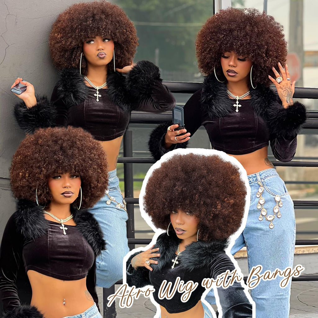 Curly Afro Wigs for Black Women Kinky Curly Wig with Bangs Synthetic Fiber Natural Looking Glueless Hair for Daily Wear