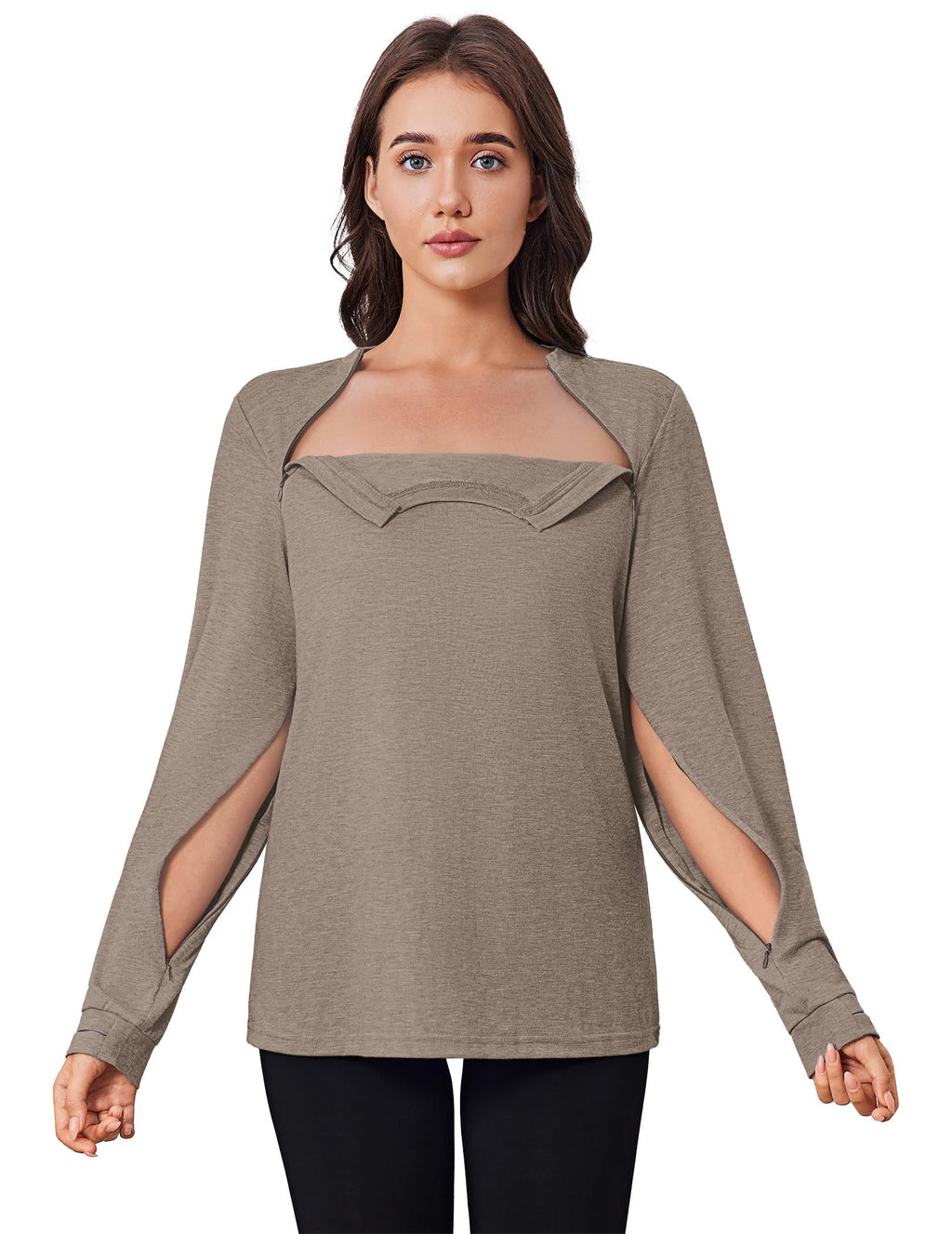 Deyeek Chemo Shirts for Port Access Women Long Sleeve Shoulder Post Surgery Shirt Dialysis Sweatshirts with Arm Zipper