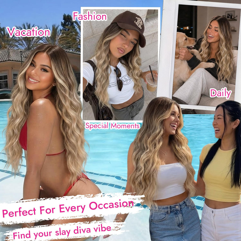 Nnzes Long Brown Mixed Blonde Wavy Wig 4x1 Lace Natural Hairline Middle Part Curly Heat-Resistant Synthetic Fiber for Women & Beginners Daily Party Use 26In