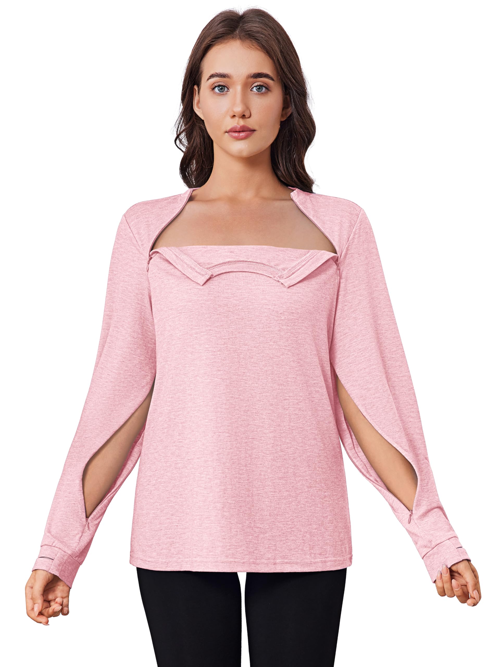 Deyeek Chemo Shirts for Port Access Women Long Sleeve Shoulder Post Surgery Shirt Dialysis Sweatshirts with Arm Zipper