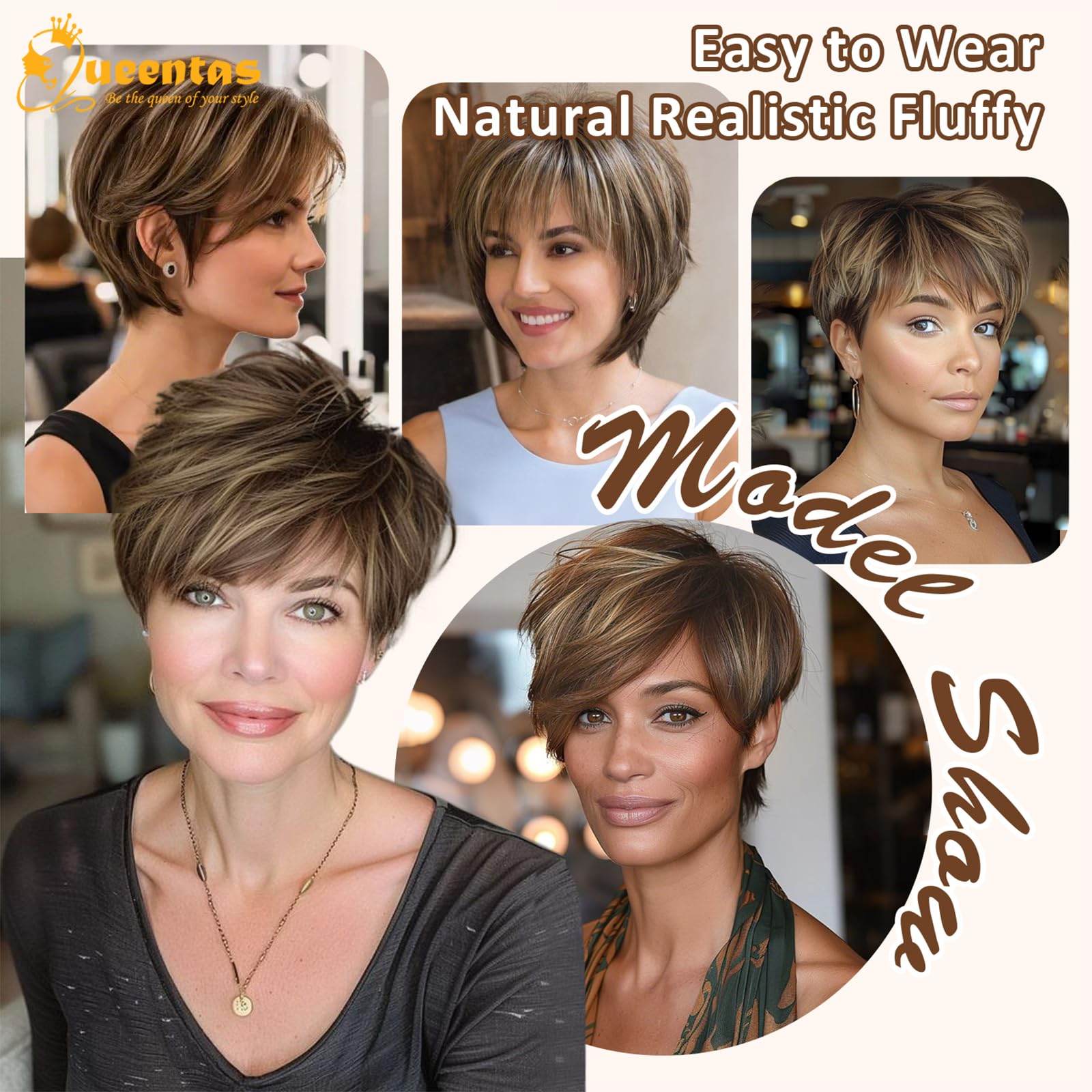 8" Layered Pixie Cut Synthetic Wig for Women Blonde Mixed Brown with Roots